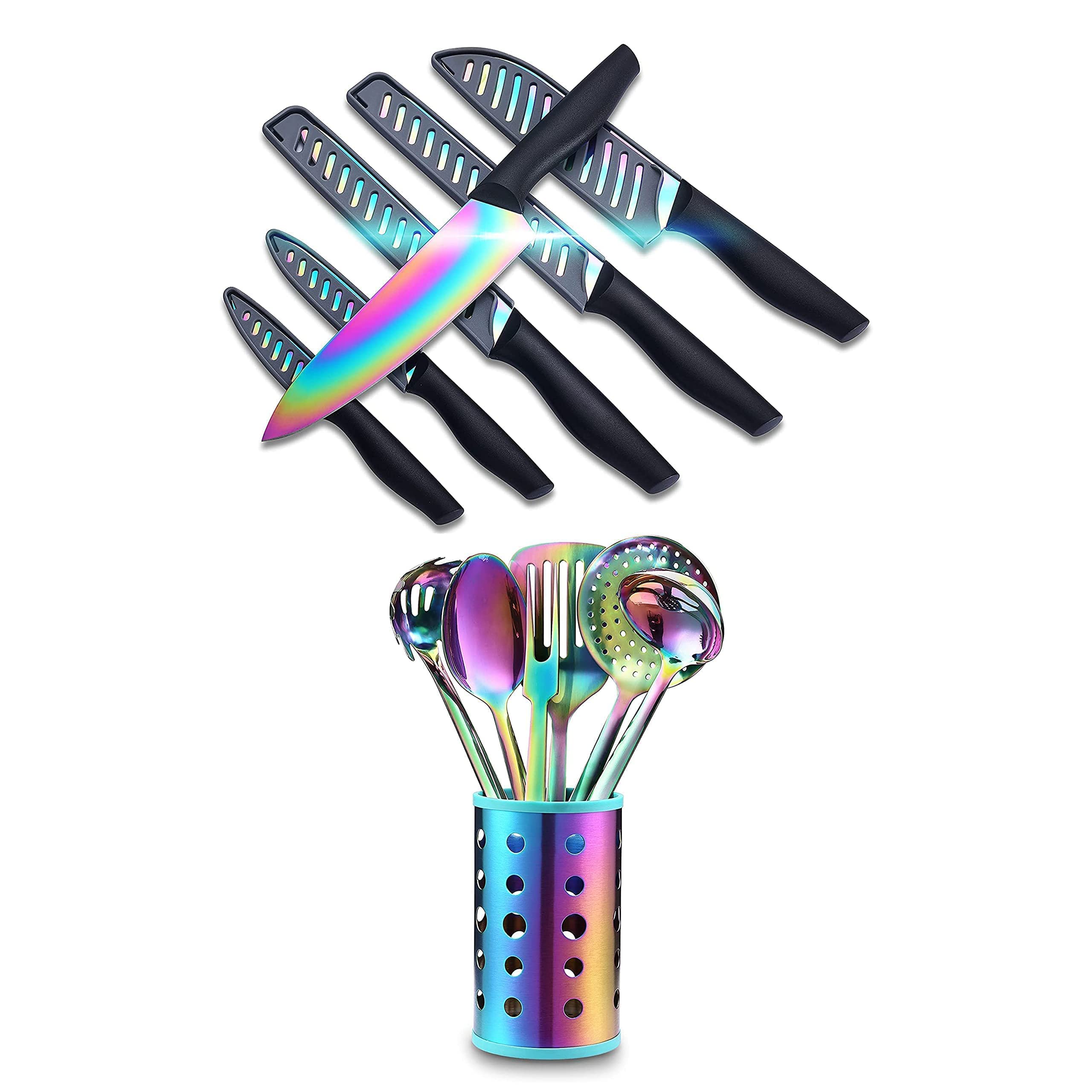 KYA36 Rainbow Titanium 12-Piece Stainless Steel Kitchen Knife Set with Sheath & KYA52B 7-Piece Titanium-Plated Cooking Utensil Set - Professional Cutlery for Home Chefs, Perfect for Cooking, Slicing, and Food Prep