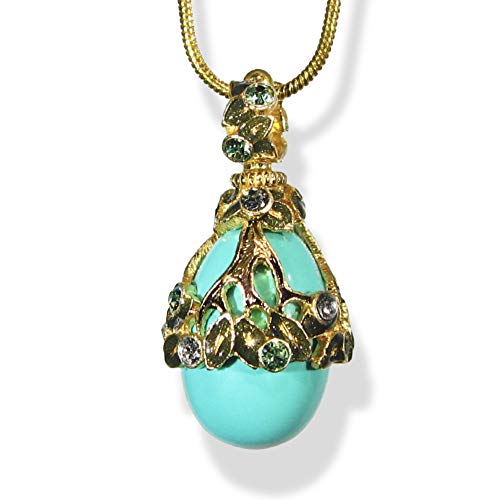 Turquoise Sterling Silver Necklace with Egg Pendant - Gold Plated 24-inch Chain with Crystals & Enamel | Elegant Boho Jewelry for Women, Perfect for Parties, Weddings & Everyday Wear