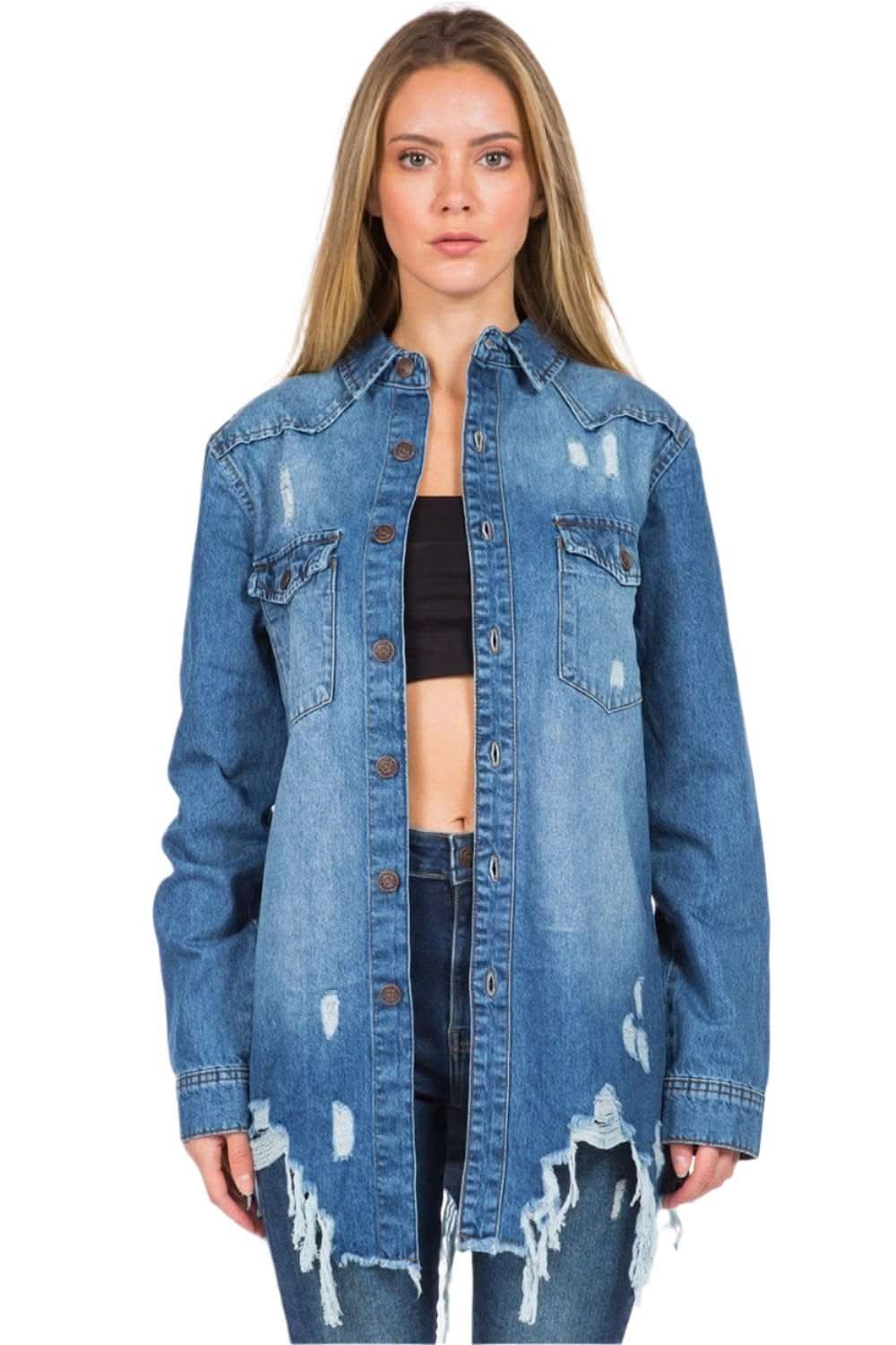 Stylish Distressed Denim Jacket for Women - Vintage Washed Denim Coat with Ripped Details - Perfect for Casual Outfits, Streetwear & Fall Layering