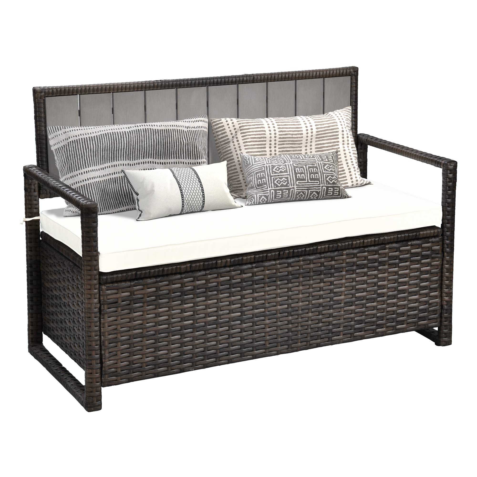 YITAHOME 70 Gallon Outdoor Storage Bench - Weather-Resistant Woven Rattan Deck Box with Seat, Patio Furniture Storage for Cushions, Pool Accessories & Garden Tools (Brown) - Perfect for Backyard, Deck, Poolside & Outdoor Living Spaces