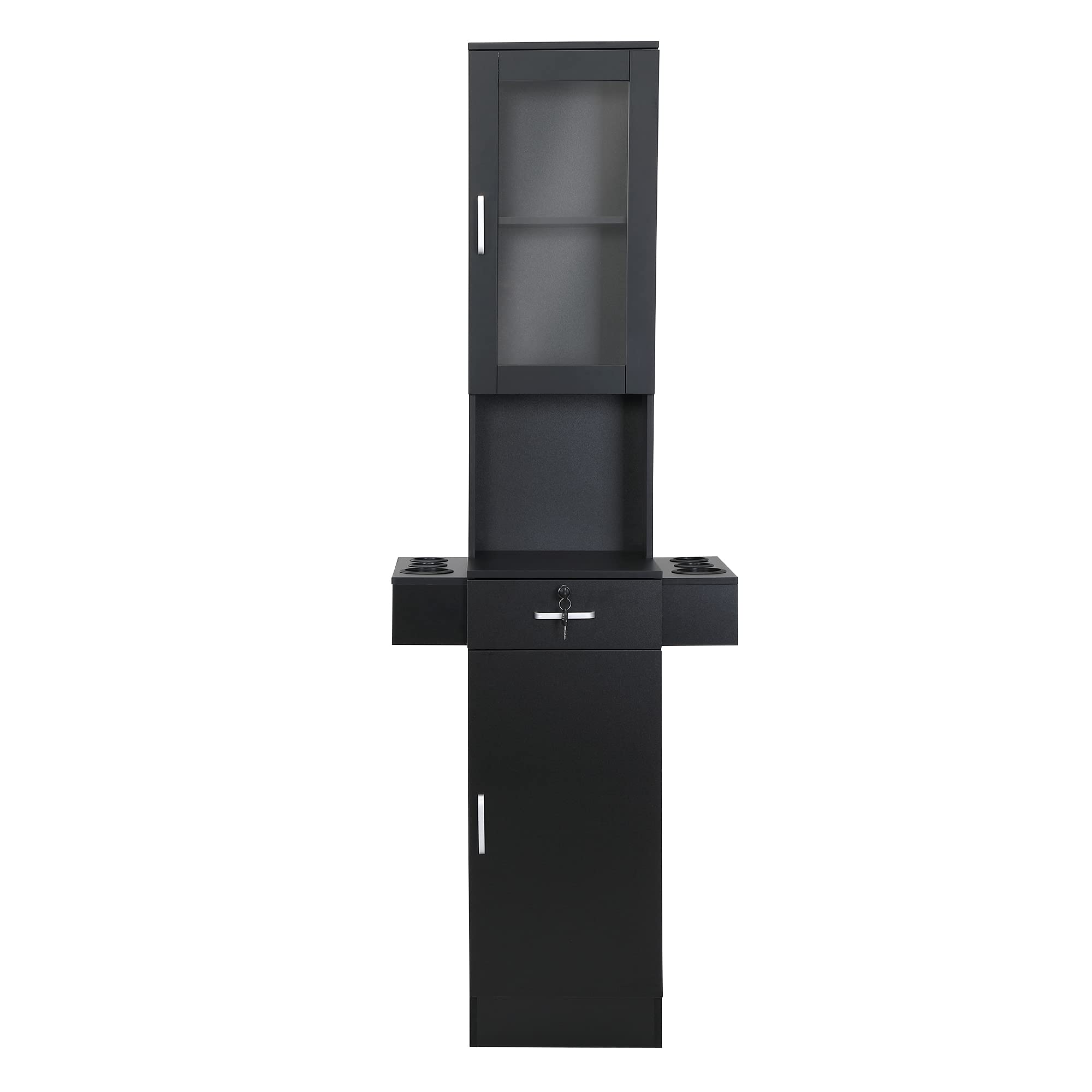 Wall Mounted Salon Cabinet - 3-Tier Beauty & Barber Station with 6 Hair Dryer Holes | Space Saving Storage for Salon, Spa, Barber Shop & Bathroom | Perfect for Hair Styling, Makeup Organization & Salon Equipment Storage (Black)