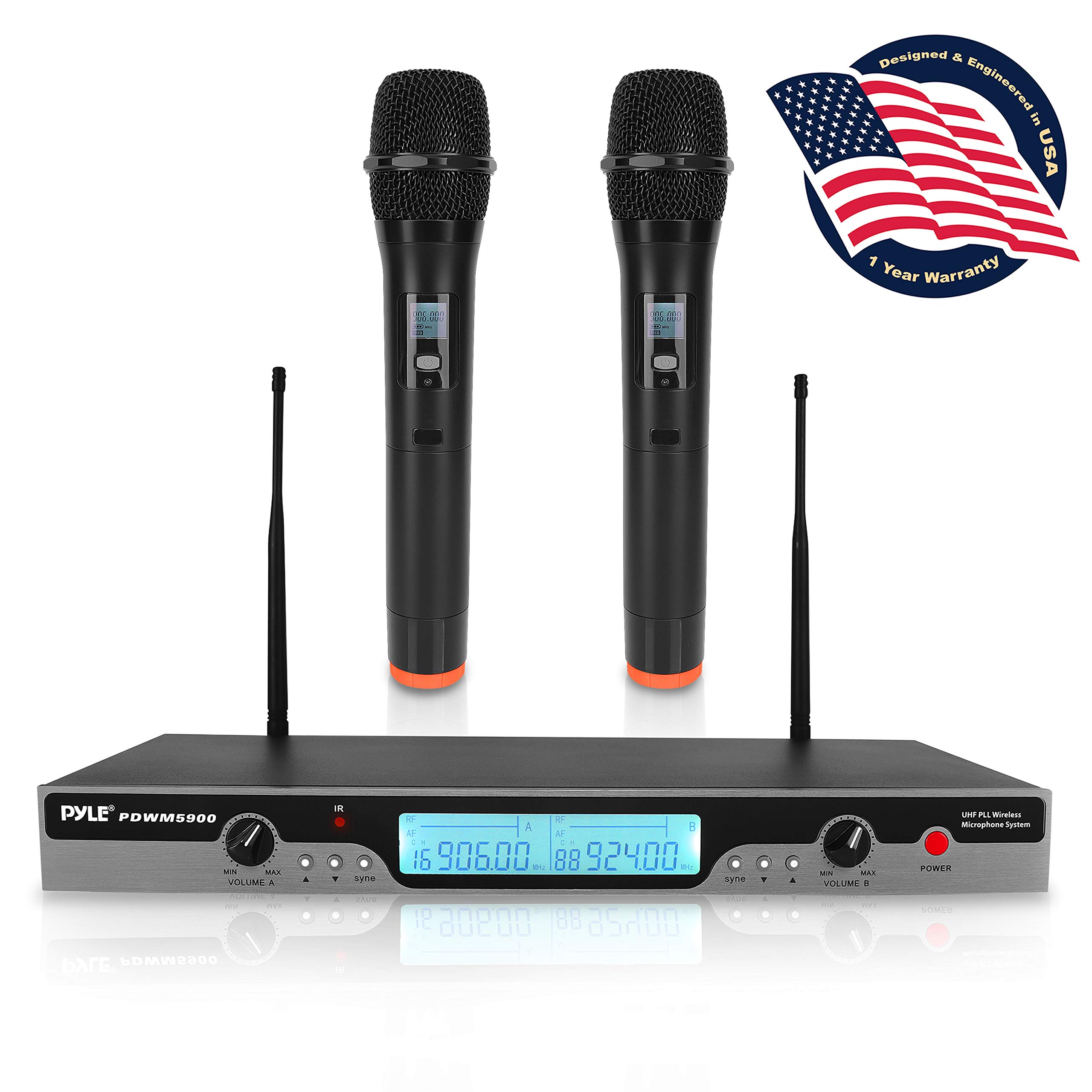 Pyle PDWM5900 Dual UHF Wireless Microphone System with 2 Handheld Mics - Rack Mountable Receiver, 200ft Range, LCD Display, Noise Reduction - Ideal for Karaoke, Live Performances & Church Events
