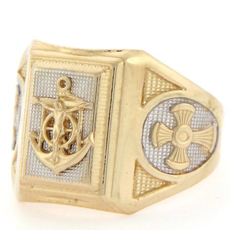 10K Two-Tone Gold Navy Religious Anchor Cross Men's Ring - Stylish Faith-Based Jewelry for Everyday Wear & Gifts