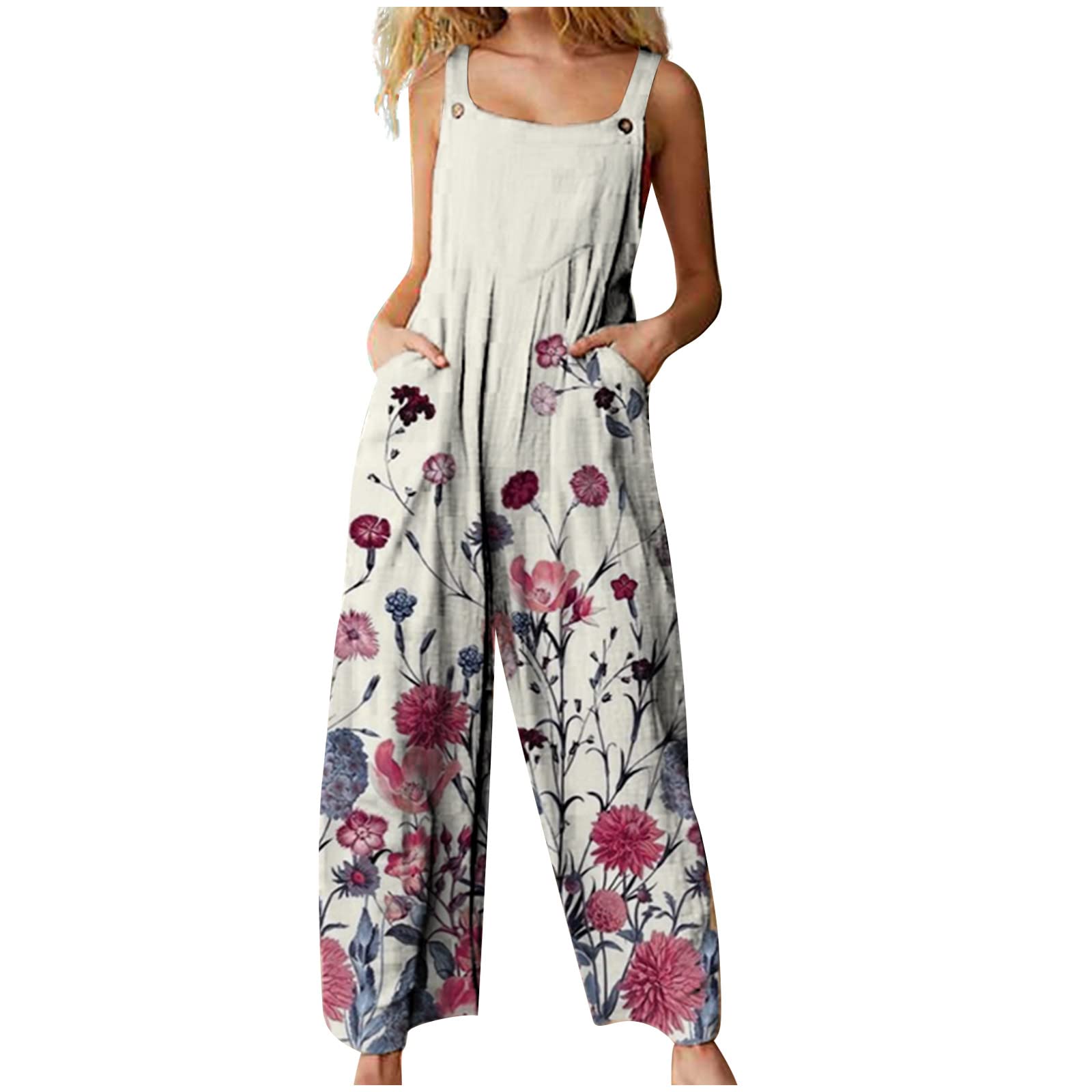 Boho Floral Print Tie Dye Overalls for Women - Sleeveless Jumpsuit Romper with Wide Leg Harem Pants | Perfect for Summer Festivals, Beach Vacations & Casual Boho Chic Outfits