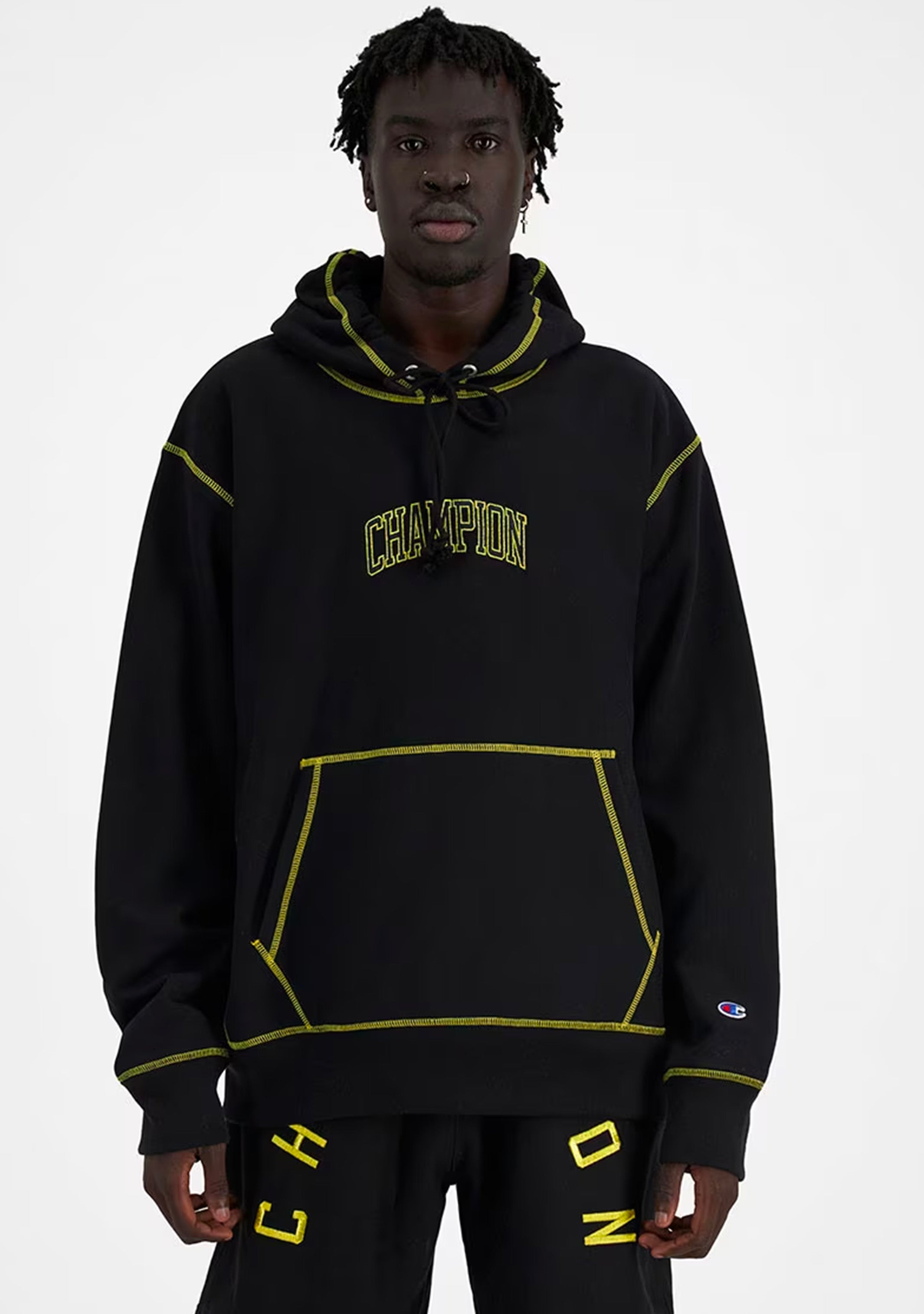 Champion Men's Reverse Weave Contrast Stitch Hoodie - Black Cotton Pullover Sweatshirt for Gym, Casual Wear & Street Style