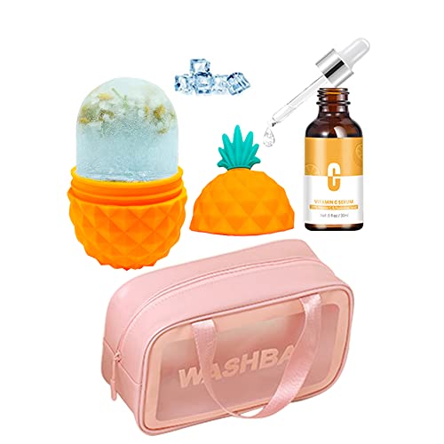 3Pcs Reusable Ice Roller for Face & Body – Vitamin C Whitening Serum & Makeup Bag Included – Cooling Facial Massager for Skin Care & Puffiness Relief – Pineapple Orange Design – Perfect for Morning Routine & Post-Workout Recovery
