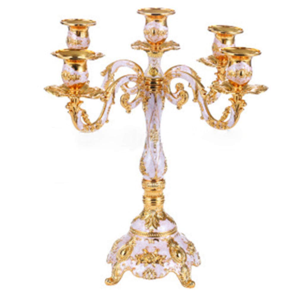 Elegant 5-Arm Zinc Alloy Candelabra - 14.97 Inch (38cm) Tall White Wedding Candle Holder for Home Decor, Living Room Centerpiece, Romantic Dinner & Special Occasions