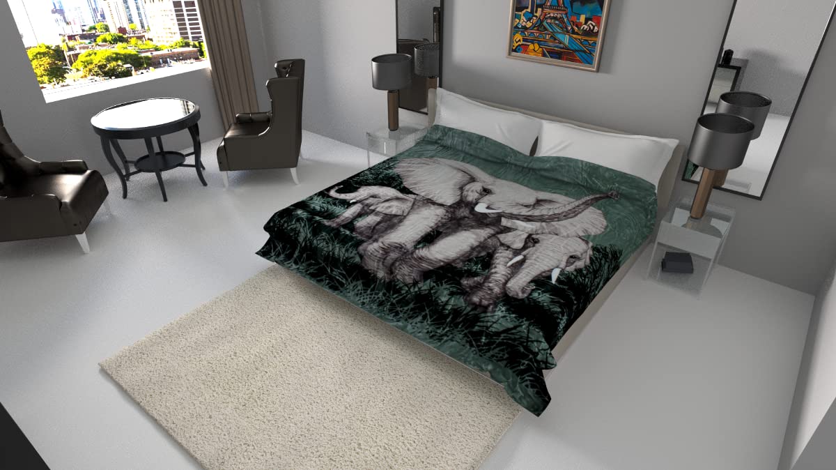 SOLARON Elephant Blanket - Korean Heavy Weight Reversible Silk Comforter for King, Queen & Twin Beds | Ultra Soft & Warm Winter Bedding | Elephant Green | Perfect for Cozy Nights & Home Decor