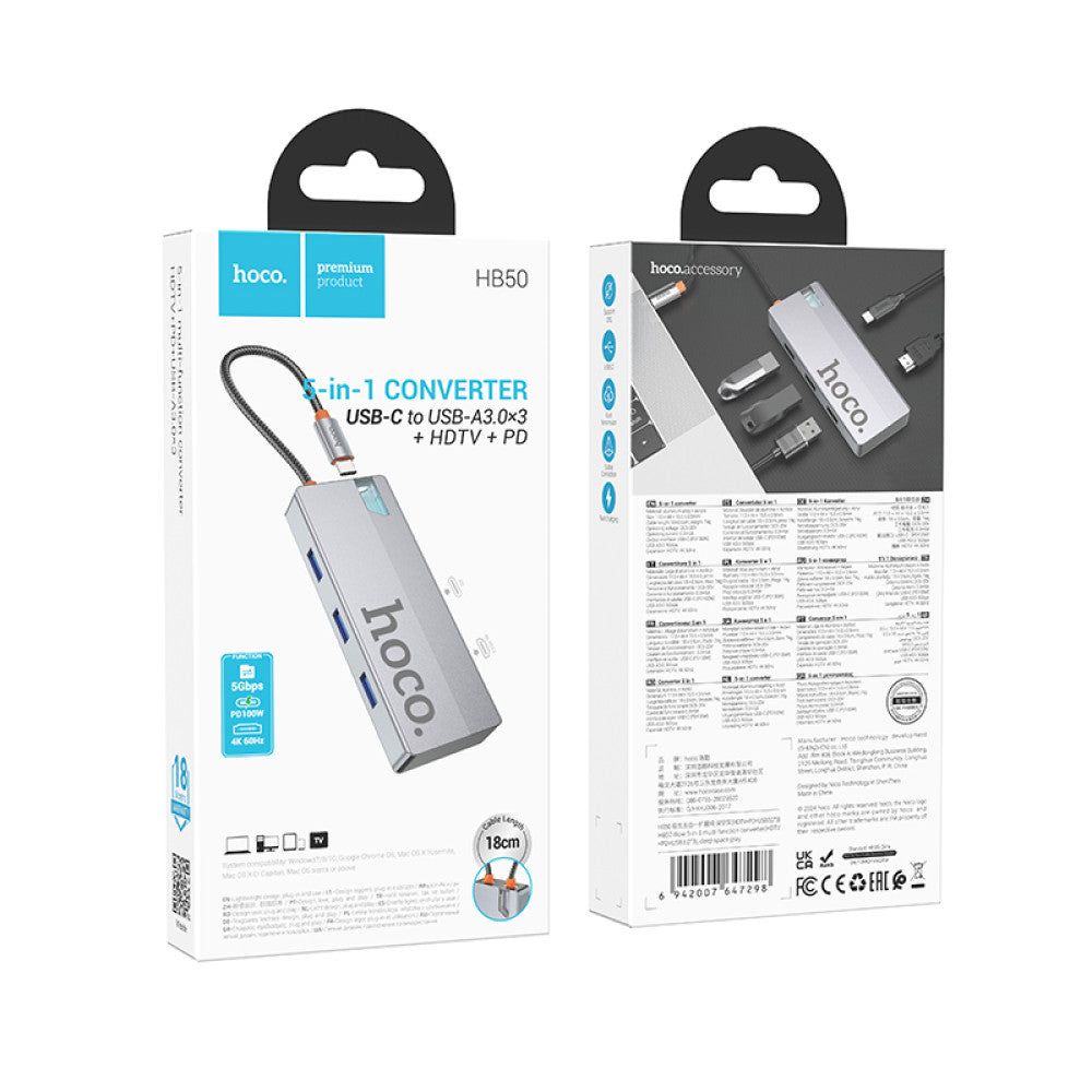 HOCO 5-in-1 USB C Hub with 3 USB 3.0 Ports, 4K HDMI, 100W PD Charging - USB C to USB A Adapter for MacBook Pro, Dell XPS, iPad Pro - Perfect for Home Office, Online Meetings & Multi-Screen Work