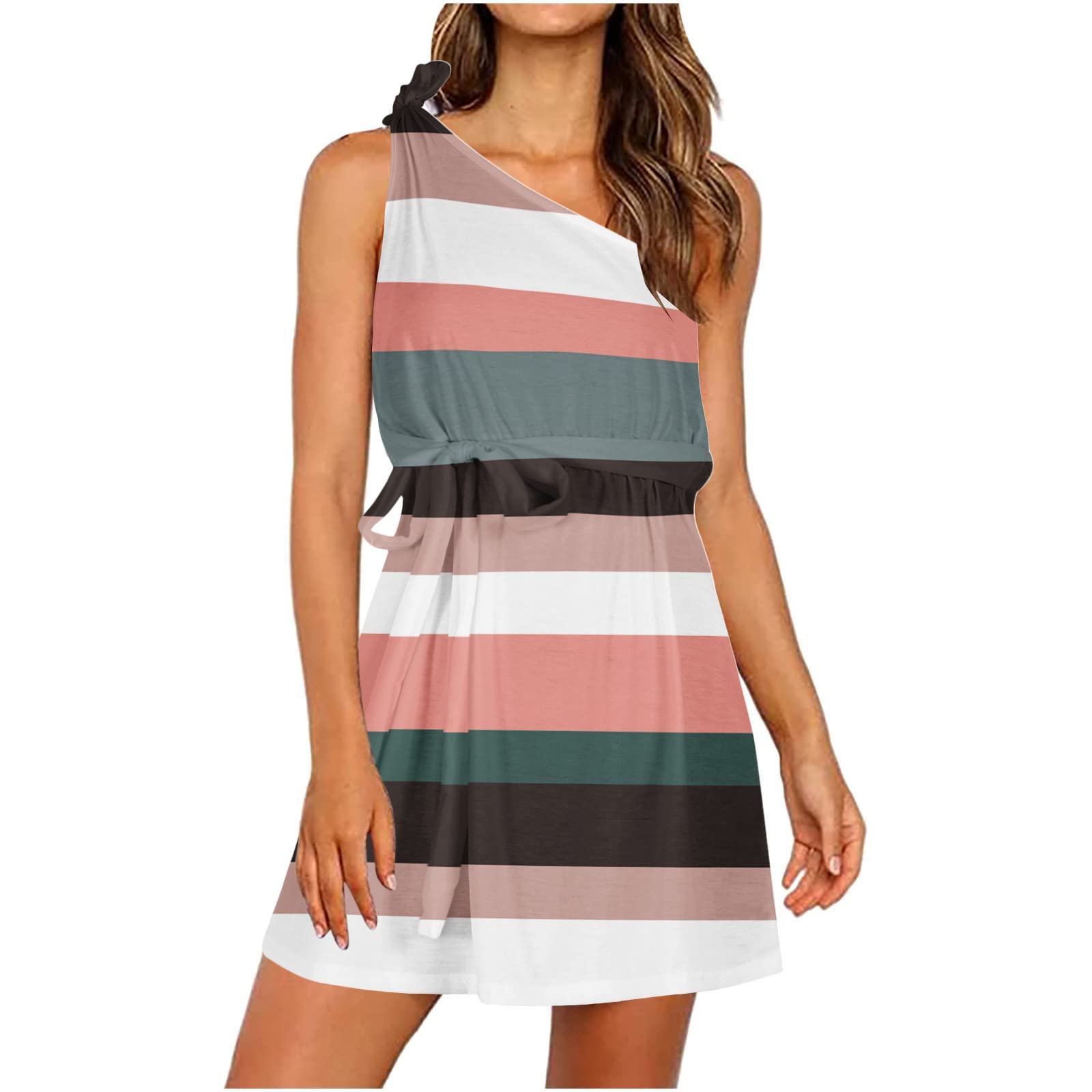 Women's Floral Halter Mini Dress - One Shoulder Waist Tie Casual Summer Dress for Beach, Party & Date Night