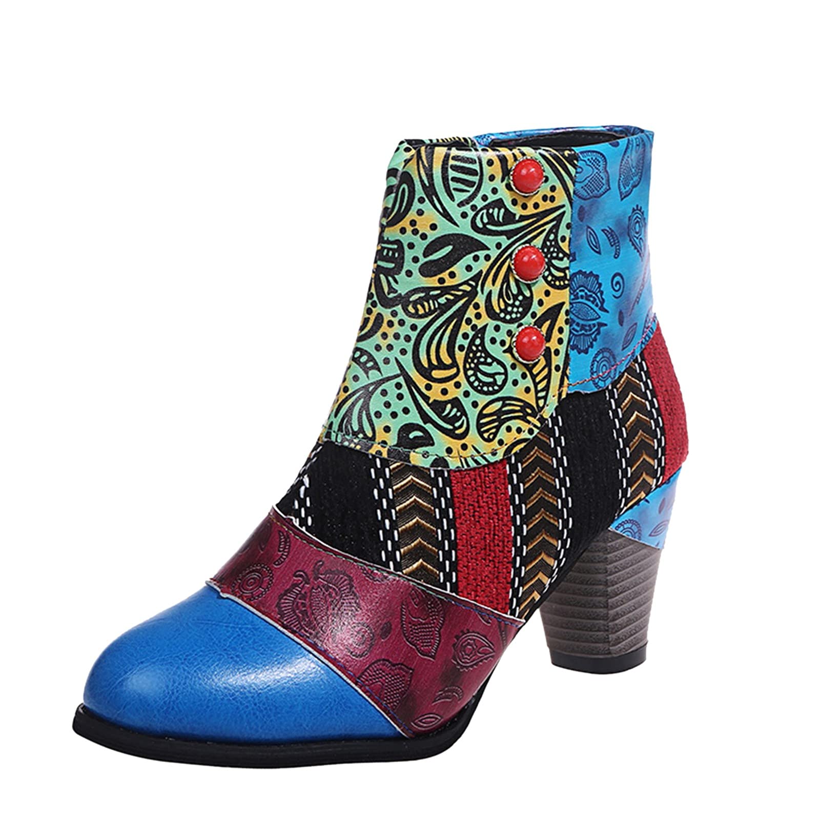Fashion Women's Chunky Heel Retro Zipper Ankle Boots - Breathable Low Heel Short Boots for Women in Burgundy | Perfect for Casual Outfits, Date Nights & Office Wear