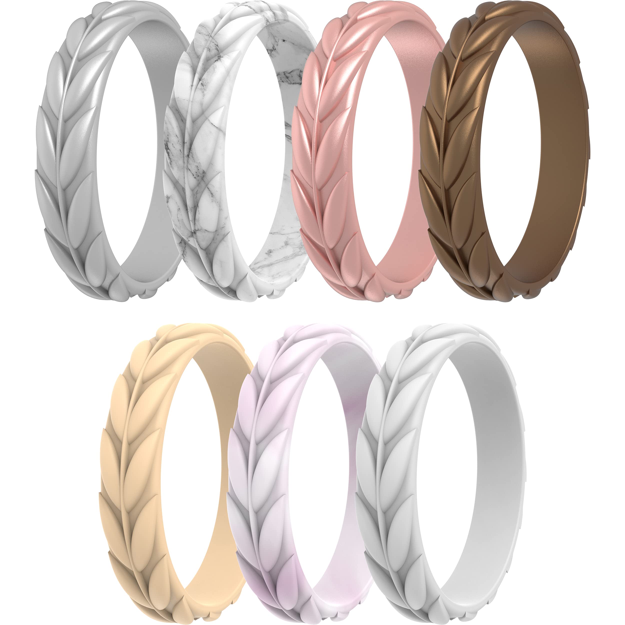 ThunderFit Silicone Wedding Bands for Women - 1/4/7 Pack Leaf Design Rings - 5.2mm Wide 2mm Thick - Comfortable Gym, Swimming & Outdoor Activities Jewelry