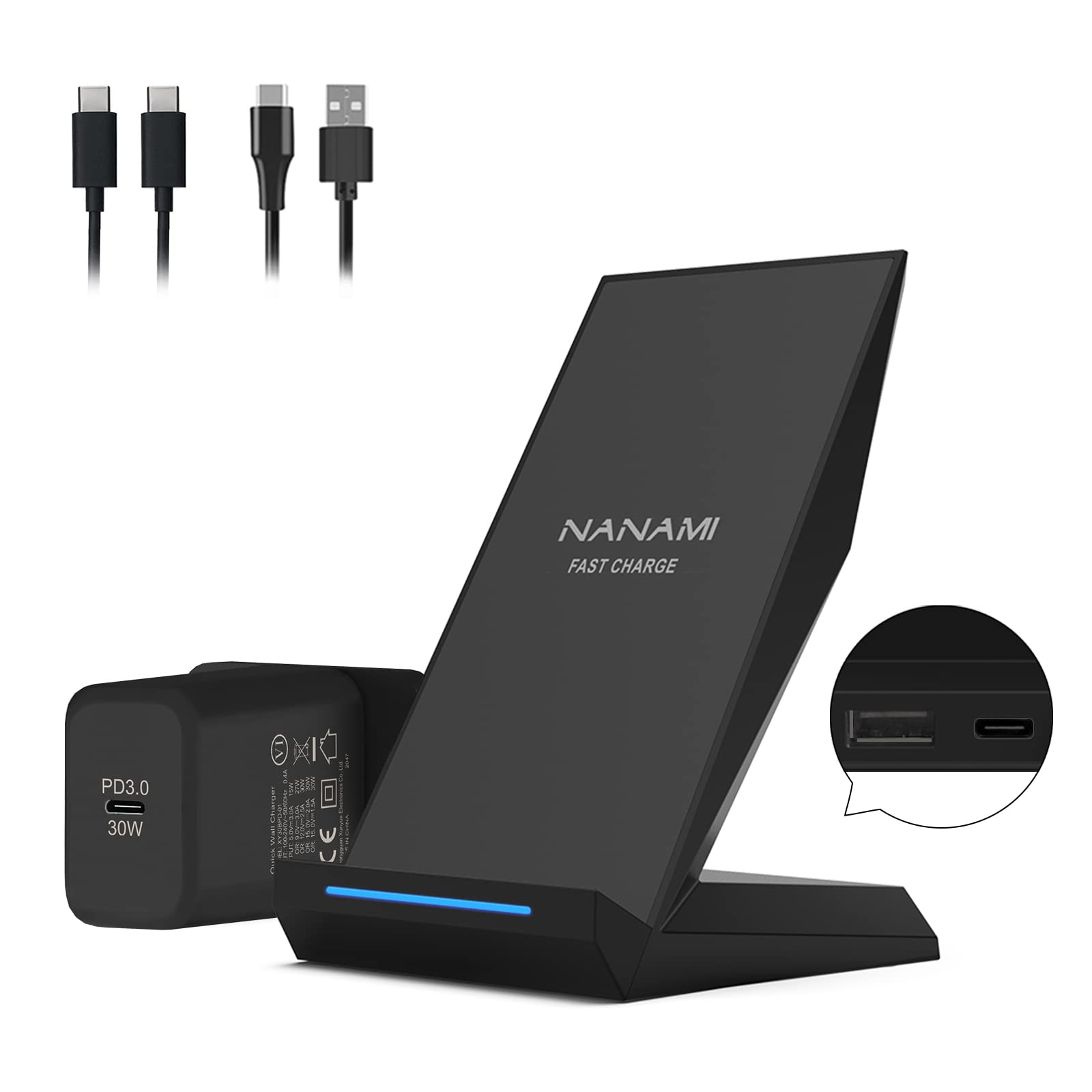 NANAMI 30W USB-C Wireless Charger Stand - 15W Max Fast Qi Charging Pad for Samsung Galaxy S25/S24/S23 Ultra/S22/S21/S20/S10 & iPhone 16/15/14/13/12/11/X/8 - 2-in-1 Cordless Charging Station for Home, Office, Nightstand, Travel