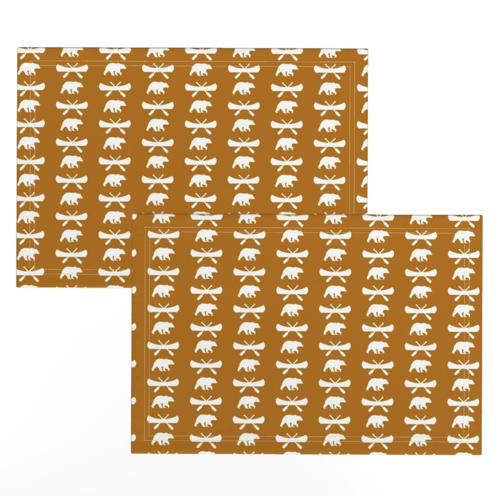Premium Linen Cotton Canvas Placemats Set of 2 - Bear Orange Woodland Lake Camping Print Table Mats for Dining, Picnic & Outdoor Decor | Washable & Durable Kitchen Accessories