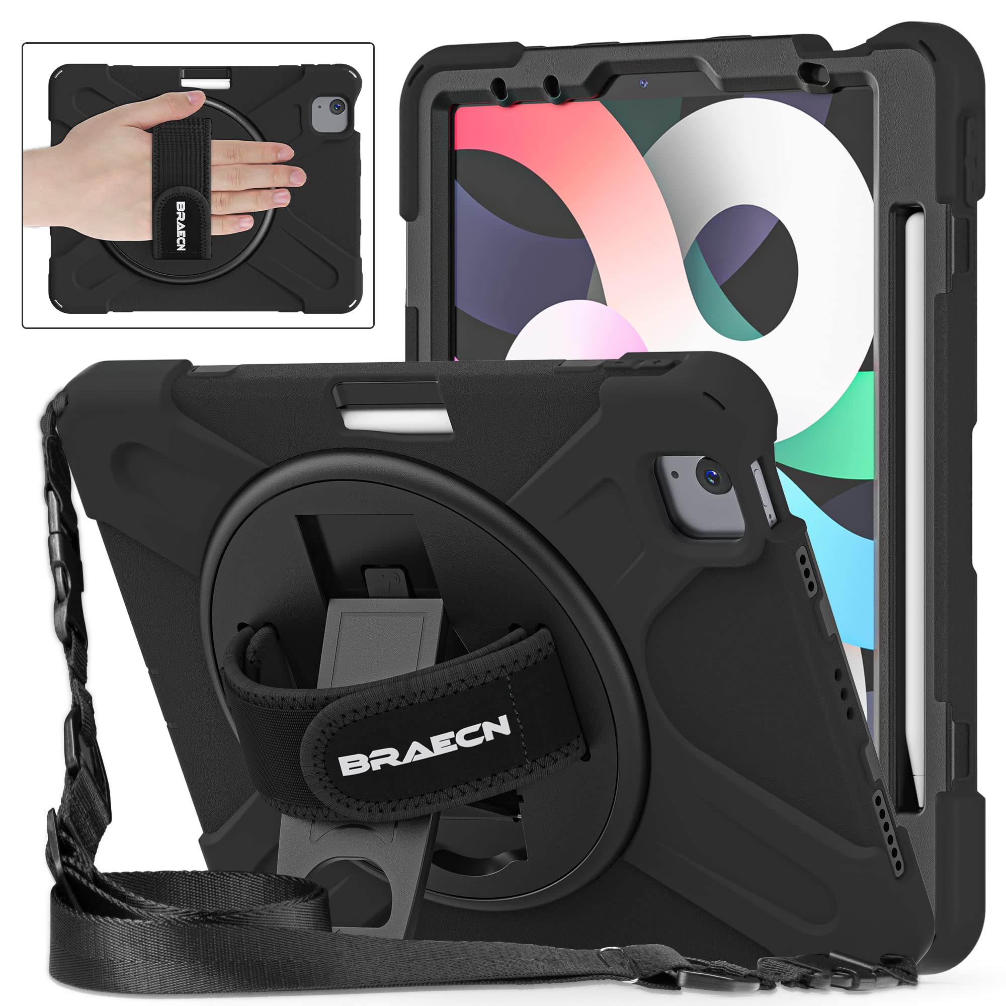 BRAECN Shockproof Kids iPad Air 5th/4th Gen Case (2022/2020) & iPad Pro 11 Inch Protective Cover - 360° Rotating Hand Strap, Kickstand & Pencil Holder - Durable Silicone Case for iPad Air 10.9 Inch (Black) | Perfect for School, Travel & Home Use