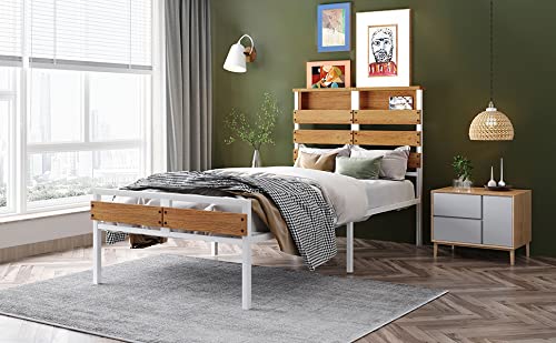 Oursoula Twin Size Metal & Wood Platform Bed Frame with Headboard & Footboard - No Box Spring Needed, White - Perfect for Kids Rooms, Guest Bedrooms & Small Spaces