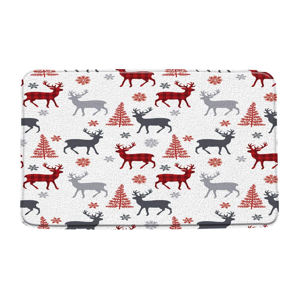 LIVEFUN Christmas Deer Bath Mat - Red Plaid Reindeer Xmas Tree Snowflake Buffalo Check Winter Farmhouse Rug, Microfiber Memory Foam Non-Slip Bathroom Mats (16x24 + 16x48 Inch) - Perfect for Holiday Decor, Cabin Bathroom & Cozy Winter Home