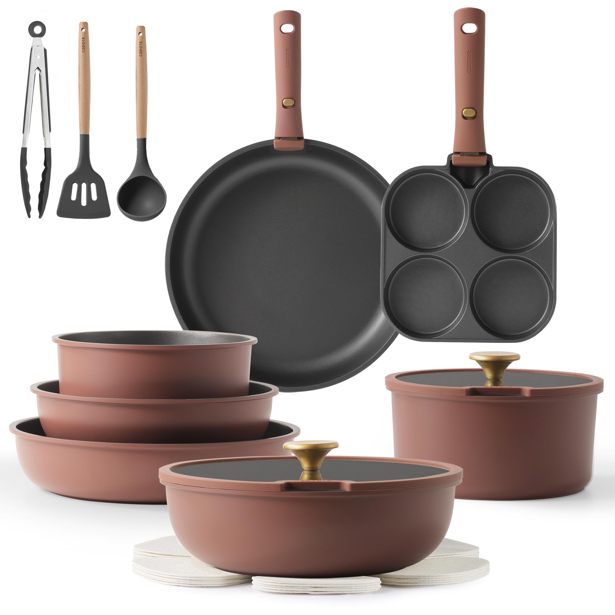 CAROTE 19-Piece Nonstick Cookware Set with Detachable Handles - Induction Compatible Pots and Pans Set for RV, Kitchen & Camping - Gold & Burgundy Color