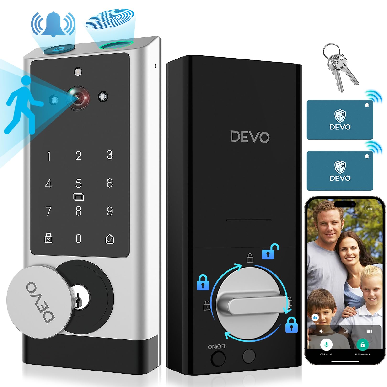 DEVO G1 Smart Video Door Lock with Fingerprint, Camera & Doorbell - 6-in-1 Keyless Entry, App Control, Auto Lock, Wi-Fi Enabled Smart Deadbolt for Front Door - IP65 Waterproof, Easy Installation - Perfect for Home Security, Vacation Rentals & Smart Home Integration
