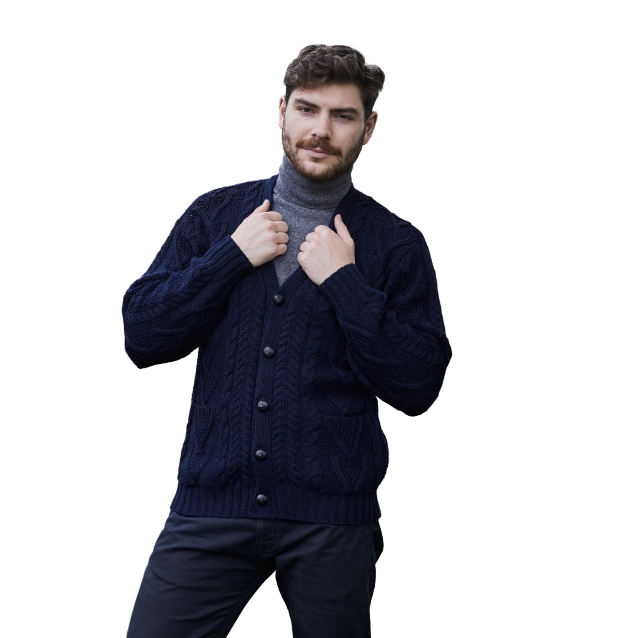 SAOL 100% Merino Wool Men's Aran Cable Knit V-Neck Cardigan Sweater - Irish Style Button-Up Casual Pullover with Pockets - Perfect for Fall, Winter & Office Wear