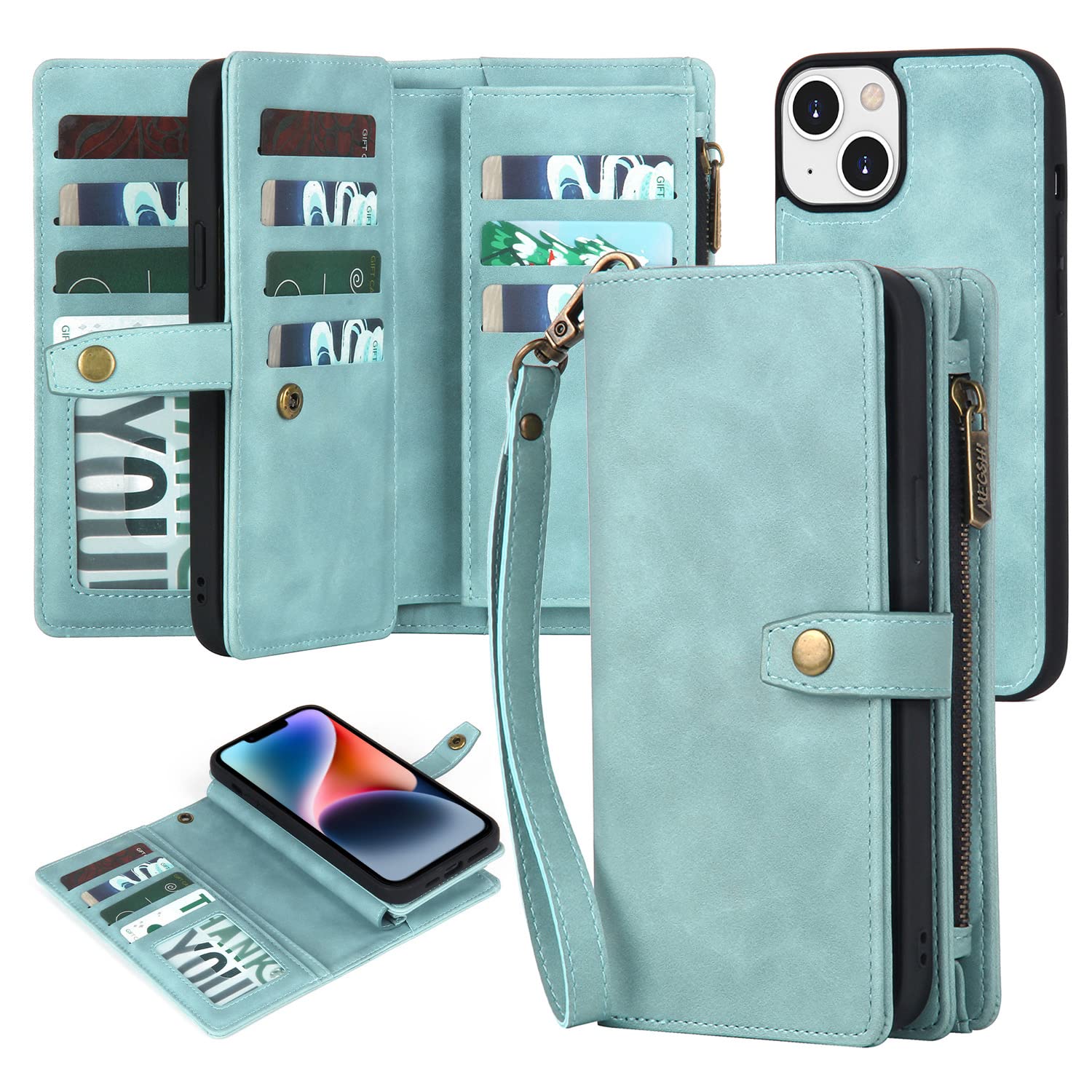 Magnetic Detachable Wallet Case for iPhone 14 with Card Holder & Wrist Strap - PU Leather Phone Cover for Women & Men (Blue) - Perfect for Everyday Use, Travel & Hands-Free Convenience