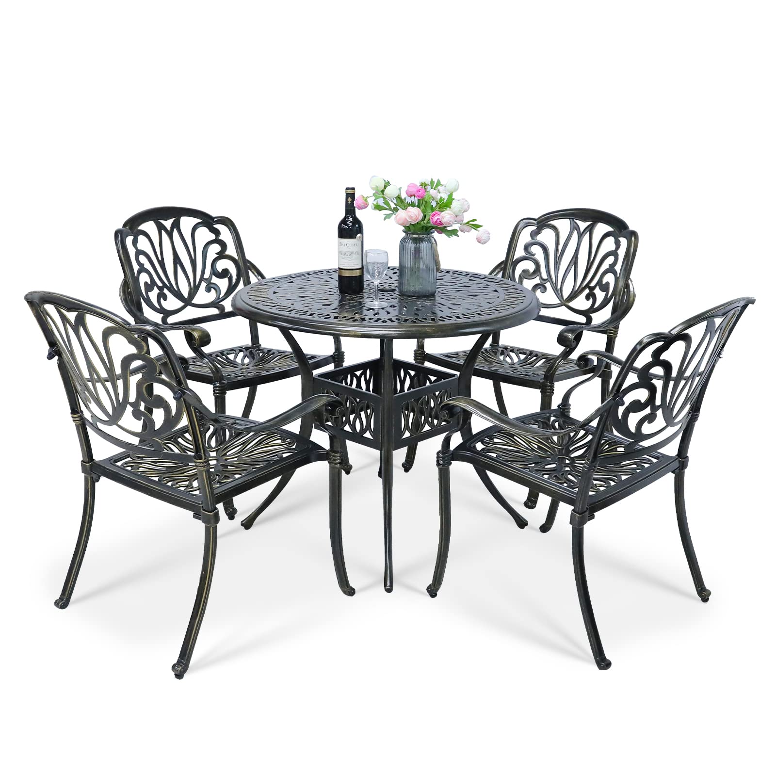 VIVIJASON 5-Piece All-Weather Outdoor Patio Dining Set - Cast Aluminum Round Table with Umbrella Hole & 4 Chairs - Durable Garden Furniture for Balcony, Lawn, Backyard - Perfect for Outdoor Entertaining and Relaxation