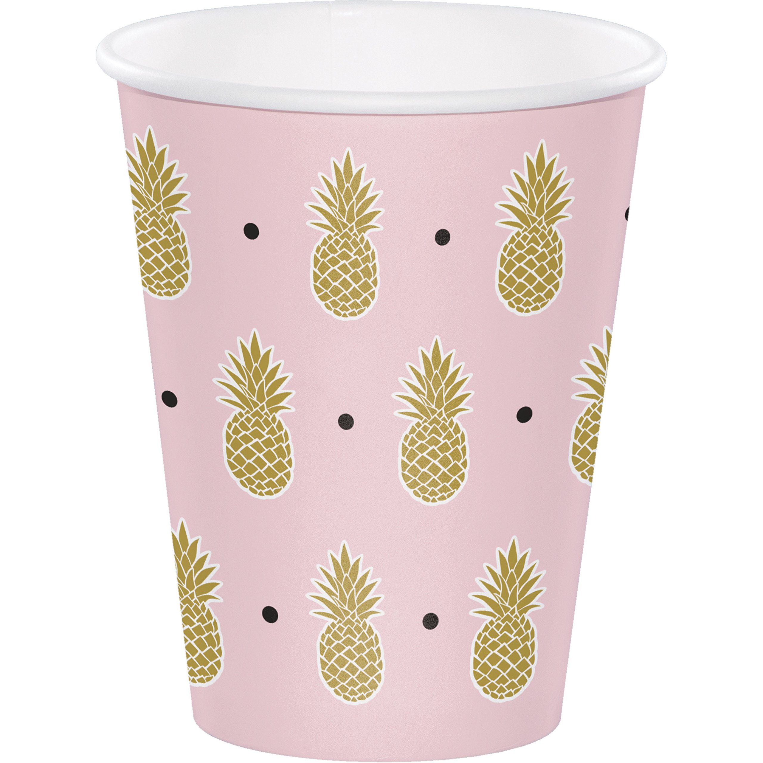 96-Pack Baby Pink & Brown Pineapple Polka Dot Party Cups - Disposable Plastic Cups for Birthday Parties, Baby Showers, Summer BBQs & Poolside Drinks