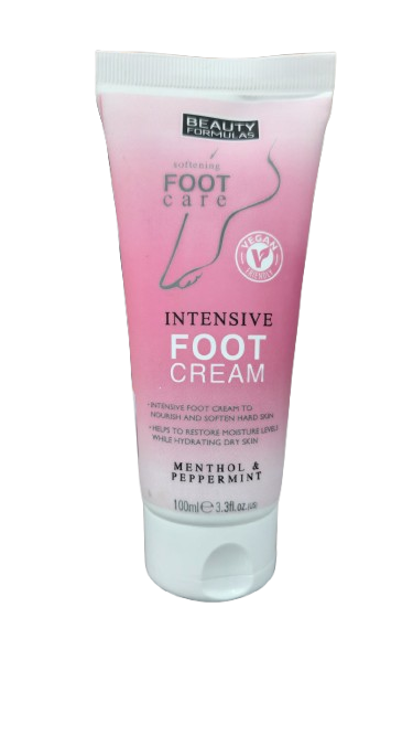 Beauty Formulas Intensive Foot Cream with Menthol & Peppermint - Moisturizing & Cooling Foot Care for Dry Cracked Heels - Perfect for Pedicures, After Workout & Nighttime Foot Treatment