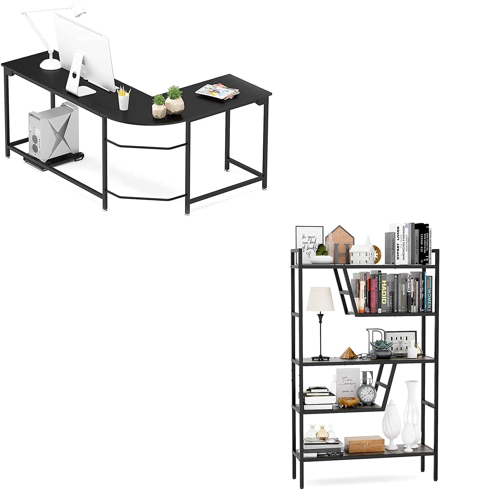 Teraves L-Shaped Desk with 5-Tier Adjustable Bookshelf - Home Office Workstation for Gaming, Study & Small Space Solutions