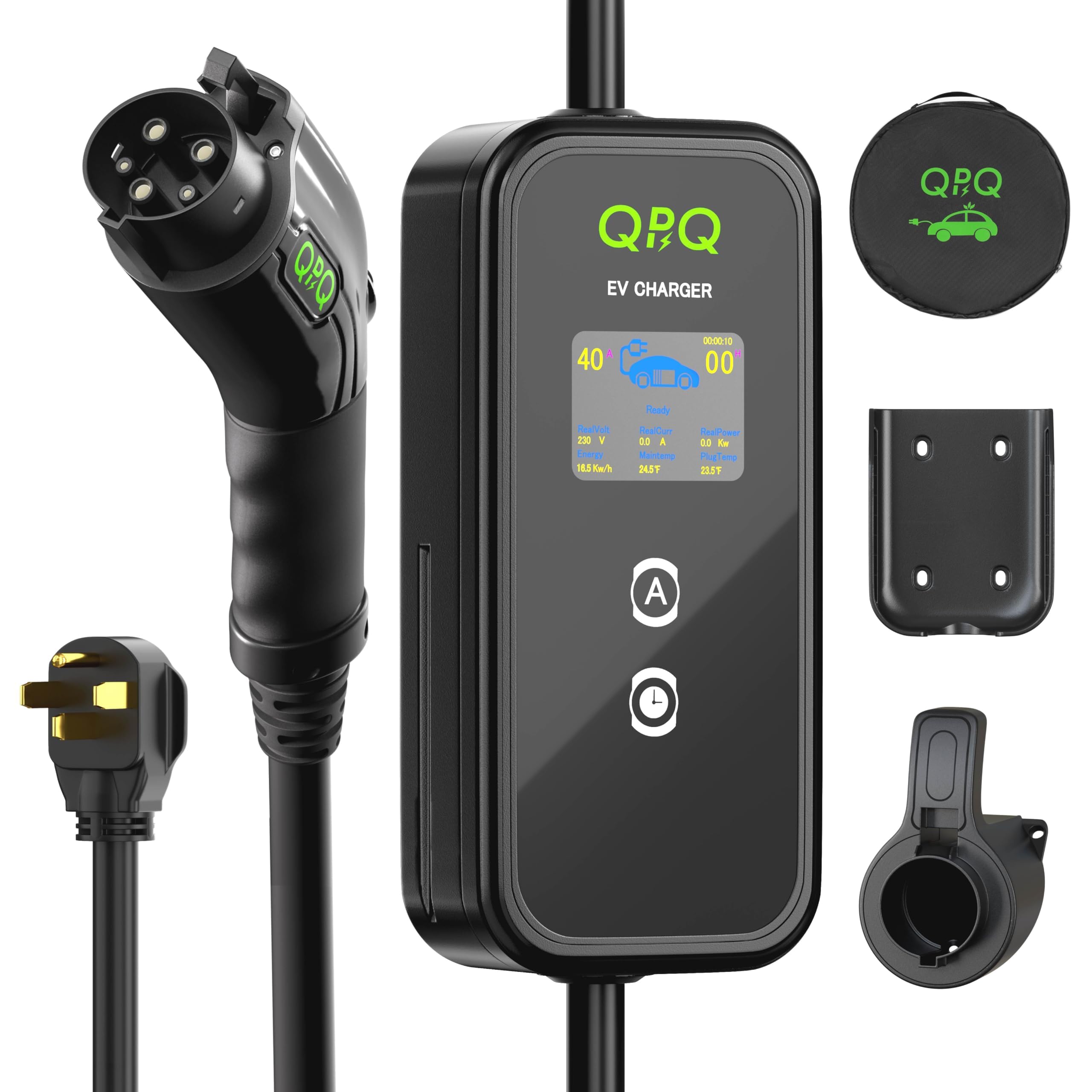 QPQ Level 2 EV Charger 40Amp 110-240V Portable Electric Vehicle Charger with Adjustable Current & Time Delay | 25ft Cable | NEMA 14-50 Plug for J1772 EVs | Perfect for Home, Office & Public Charging Stations