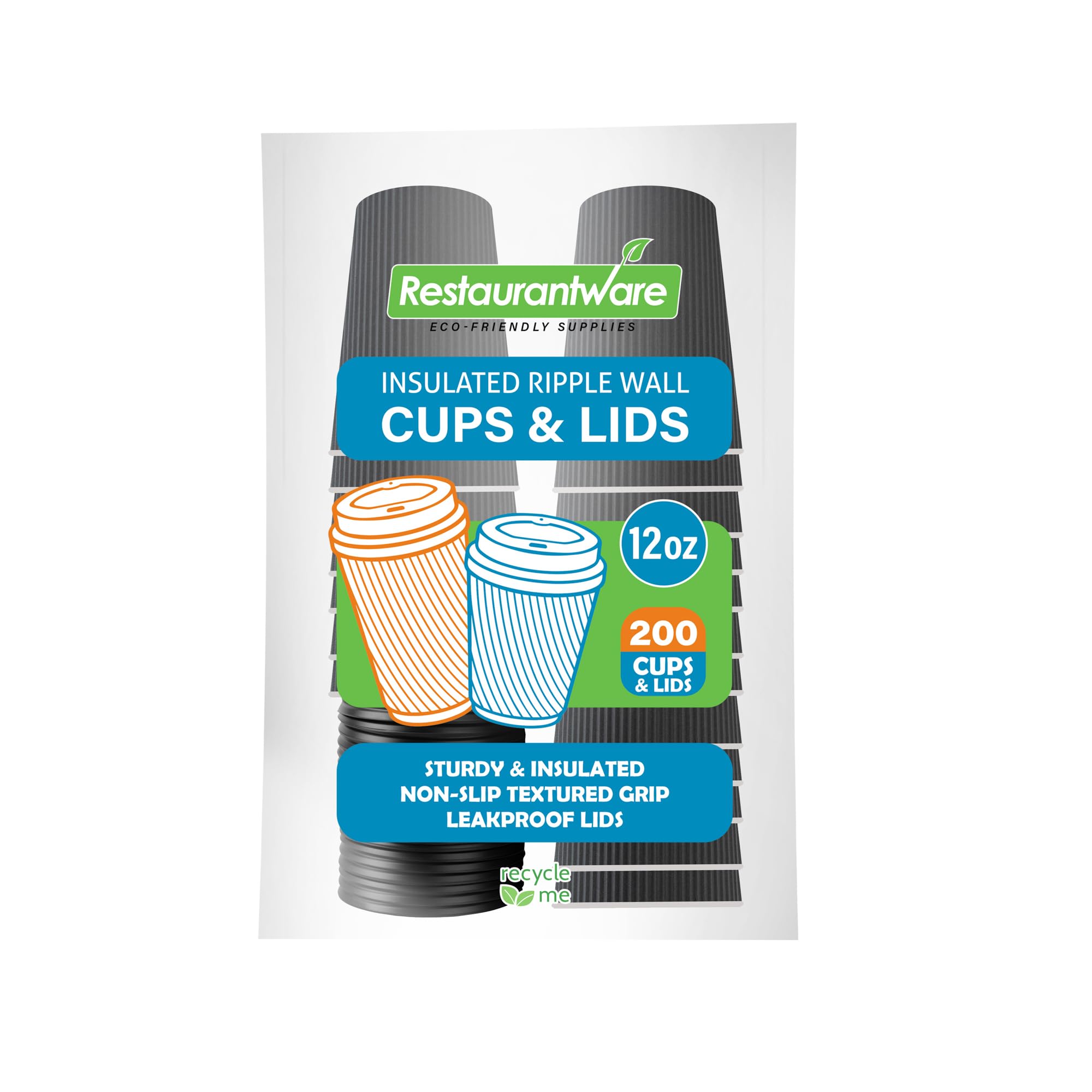 12oz Insulated Coffee Cups with Lids (200 Pack) - Leakproof & Non-Slip Gray Disposable Paper Cups for Hot Beverages - Perfect for Coffee, Tea, Hot Cocoa, and Lattes at Cafes, Offices, and Events