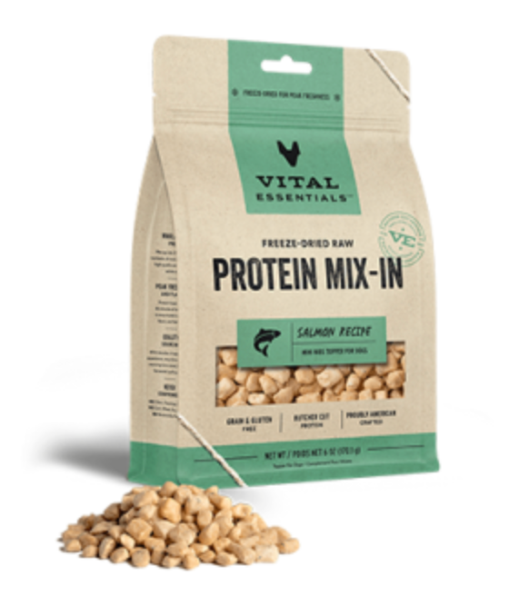 Vital Essentials Freeze Dried Raw Salmon Protein Mix Ins - Grain Free Dog Food Topper (6oz/170g) | Perfect for Small Dogs & Picky Eaters - Enhances Kibble Nutrition & Flavor