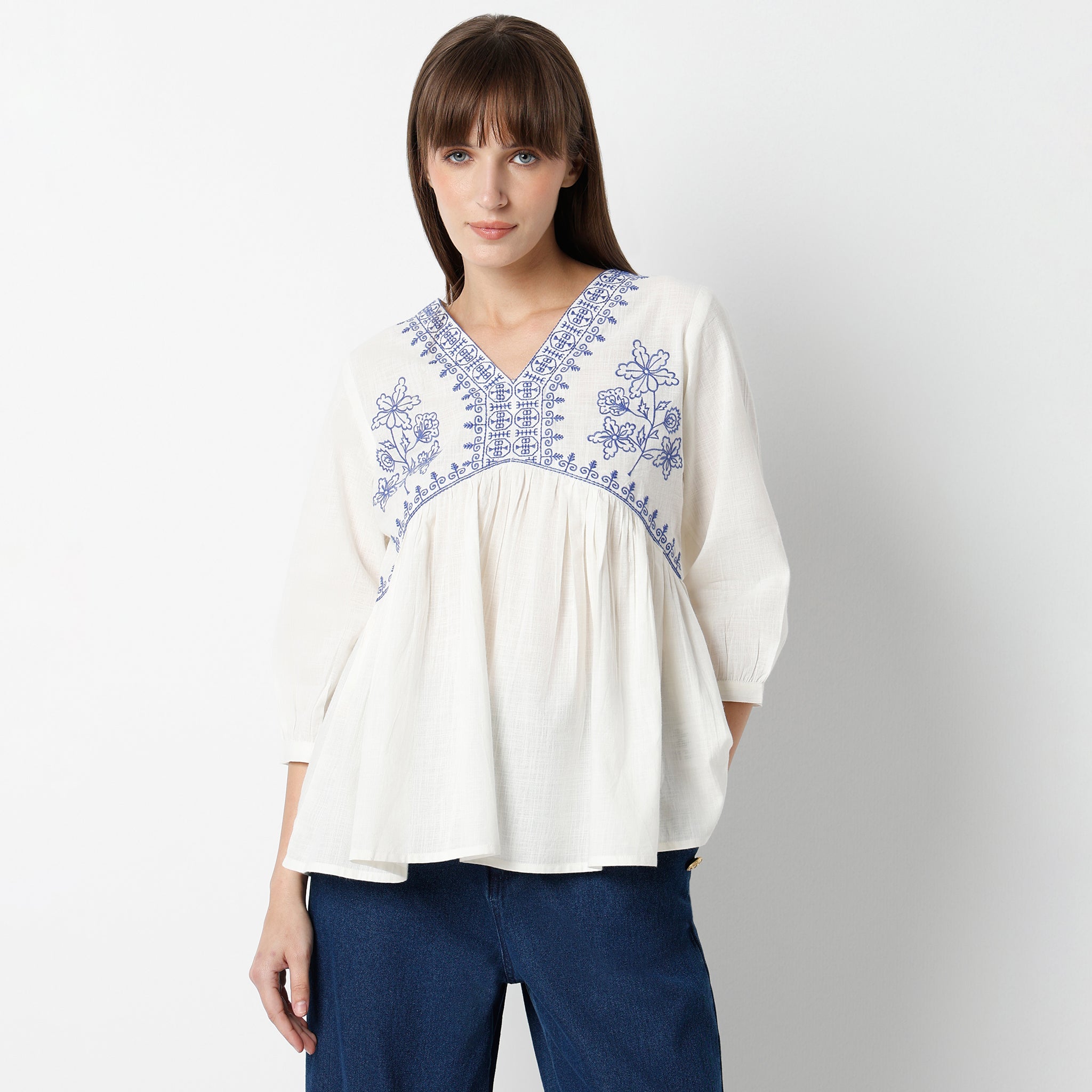 Flare Fit Embroidered V-Neck Alia Cut Top with Gathered Sleeves - Women's Fashion Blouse for Casual Wear, Date Night & Office Outfits