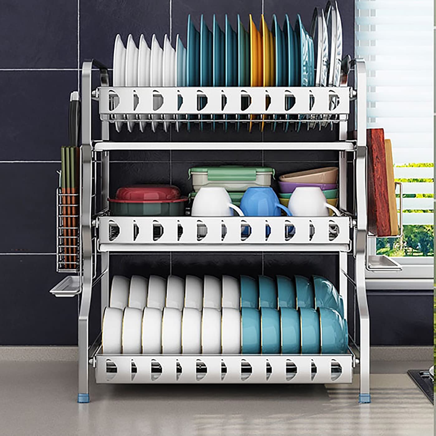 Stainless Steel Dish Rack for Kitchen Counter - Multifunctional Tableware Drying Shelf & Storage Basket - Silver | Perfect for Organizing Utensils, Plates, and Cups in Dining Room or Kitchen