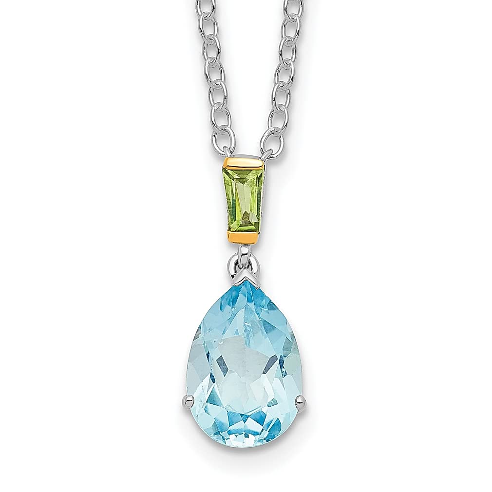 14K Gold Accent 925 Sterling Silver Sky Blue Topaz & Green Peridot Gemstone Necklace - 18 Inch Chain with 2 Extenders - Elegant Pendant Charm Fine Jewelry for Women | Perfect Birthday, Anniversary & Valentine's Day Gift for Her