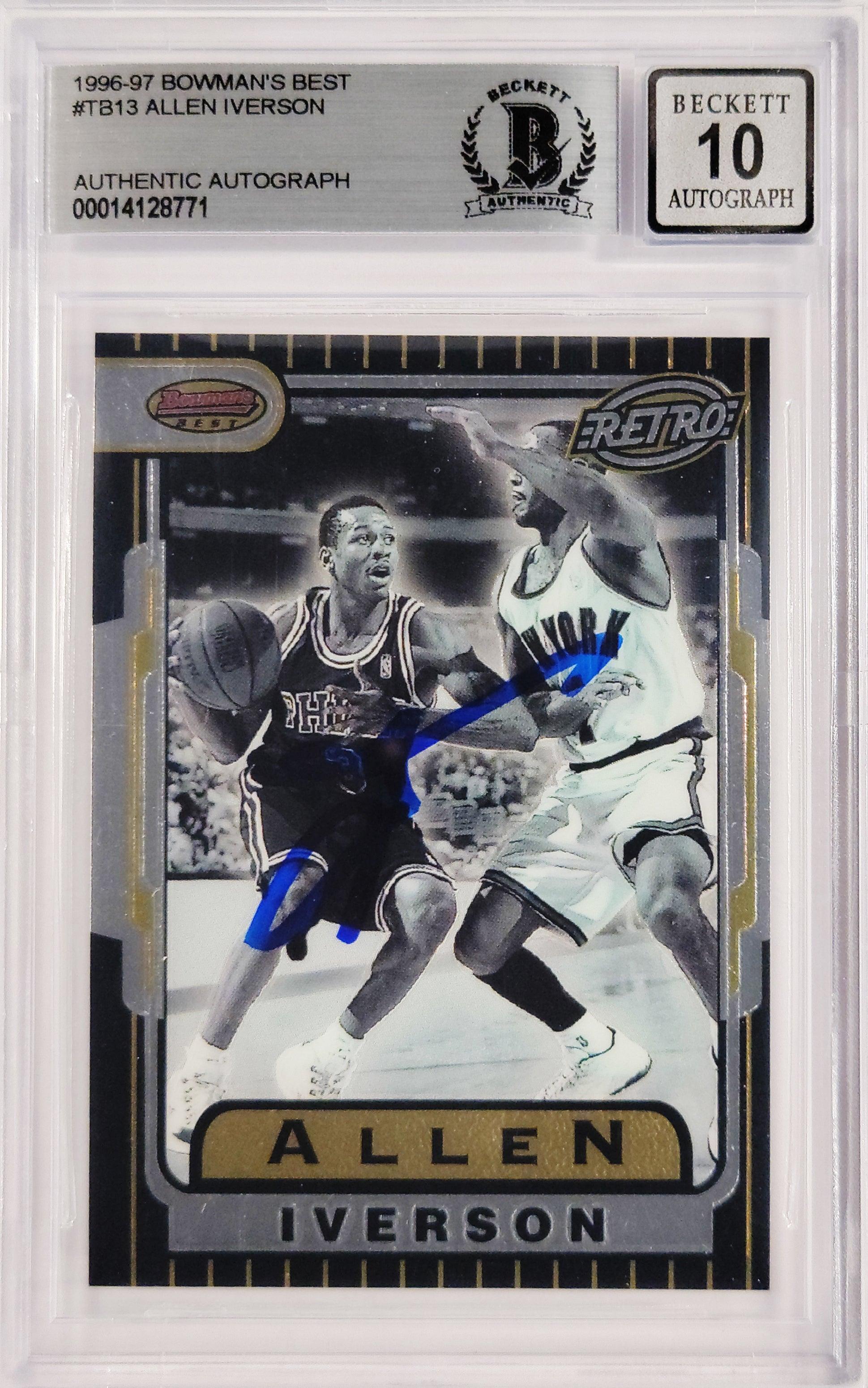 Allen Iverson Autographed 1996-97 Bowman's Best Retro Rookie Card #TB13 Philadelphia 76ers - Beckett BAS Gem Mint 10 Grade #14128771 - Perfect for NBA Memorabilia Collectors and 76ers Fans Display