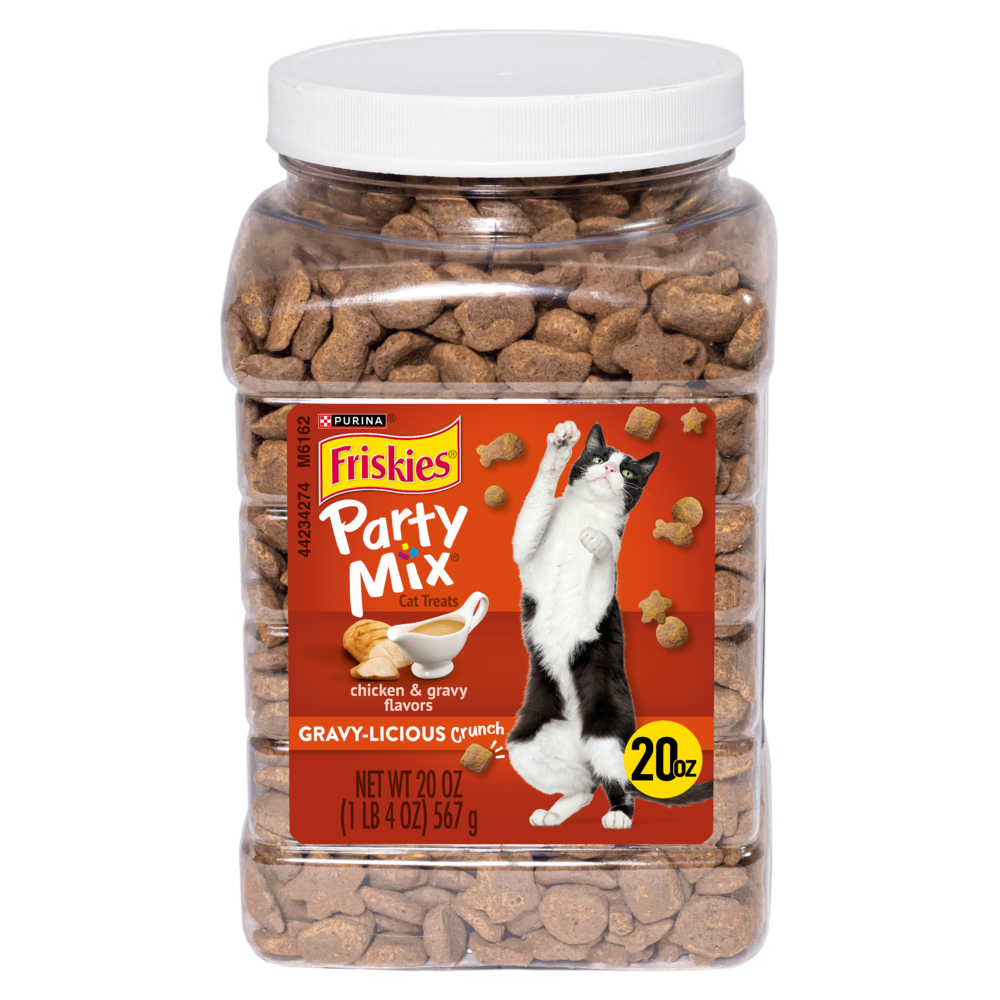 Friskies Party Mix Crunchy Cat Treats - Gravylicious Chicken & Gravy Flavors | Perfect for Training, Rewards & Bonding with Your Cat