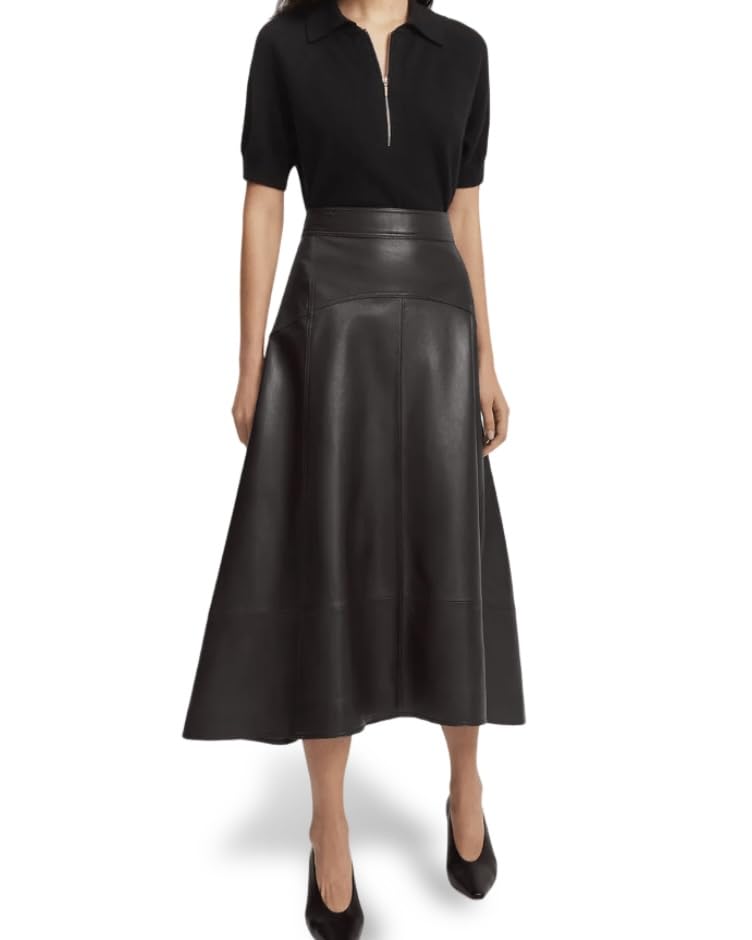 Jild Real Lambskin Leather Skirts for Women - High Waist Classic Midi Length Skirt with Stylish Patchwork Design | Perfect for Night Out, Date Night & Office Wear
