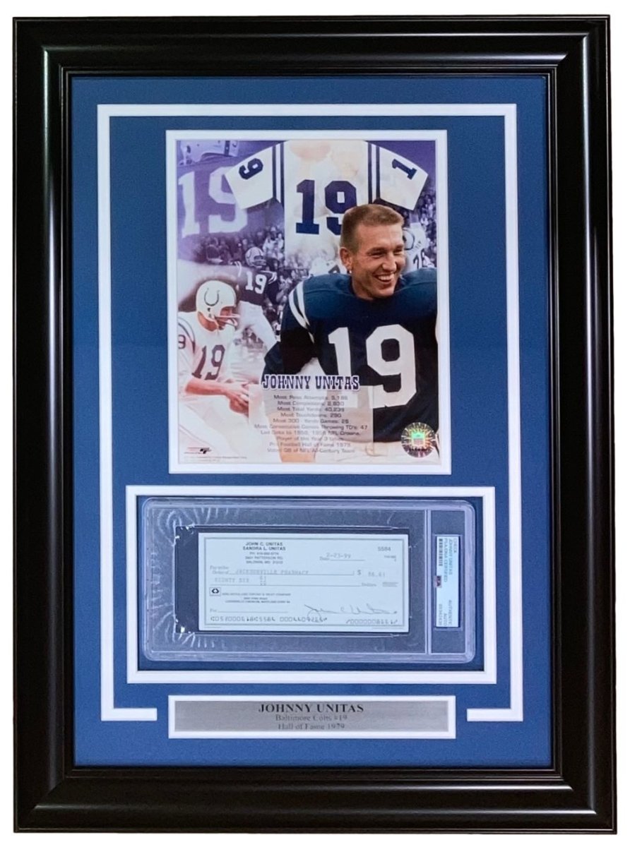 Johnny Unitas Baltimore Colts Autographed Framed Bank Check #5584 PSA Certified - Rare NFL Memorabilia for Sports Collectors & Man Cave Decor
