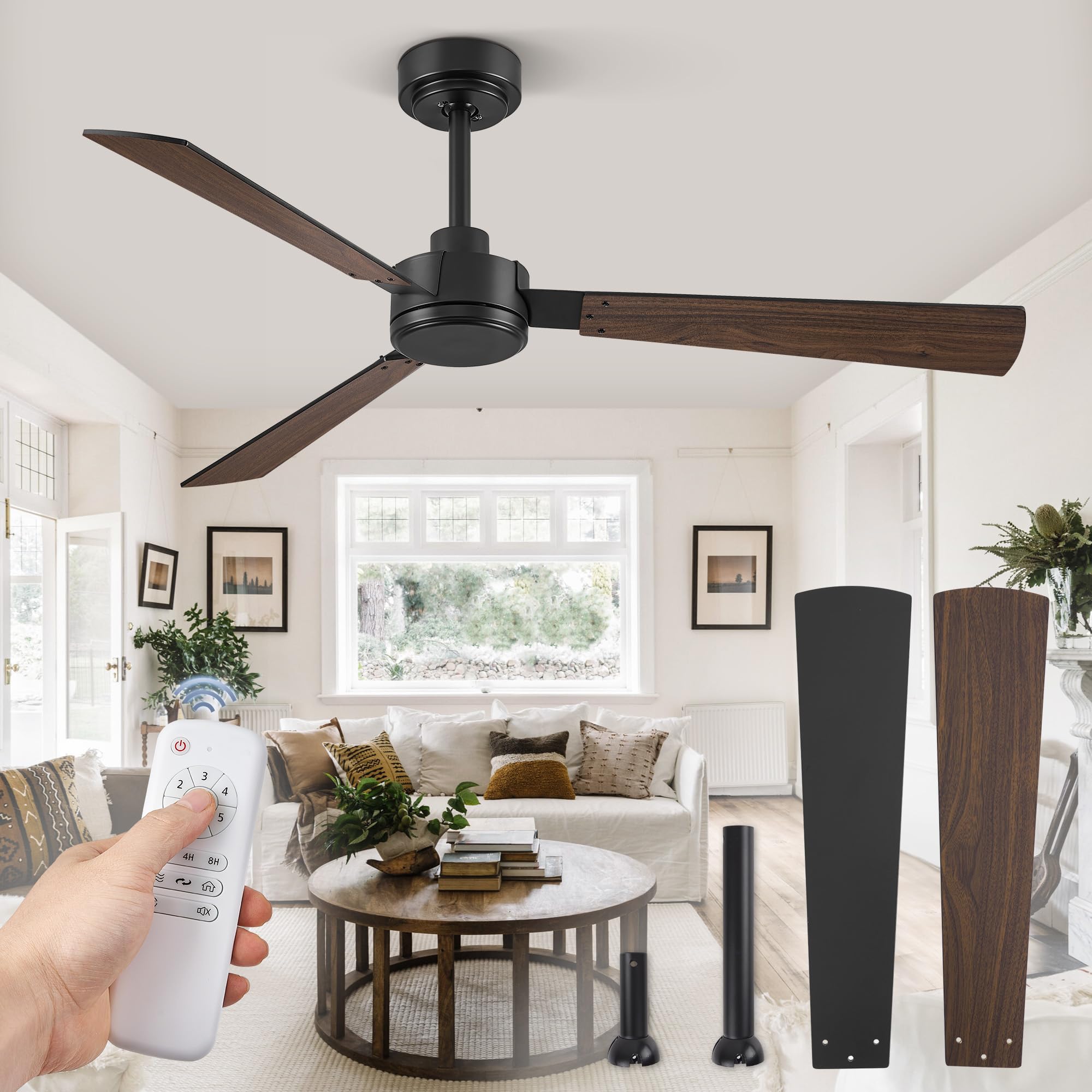 52 Inch Black Indoor/Outdoor Ceiling Fan with Remote Control - No Light, Quiet Reversible DC Motor, 6 Speed Settings, 3 Blade Modern Design - Perfect for Patio, Living Room, Bedroom, and Office Spaces