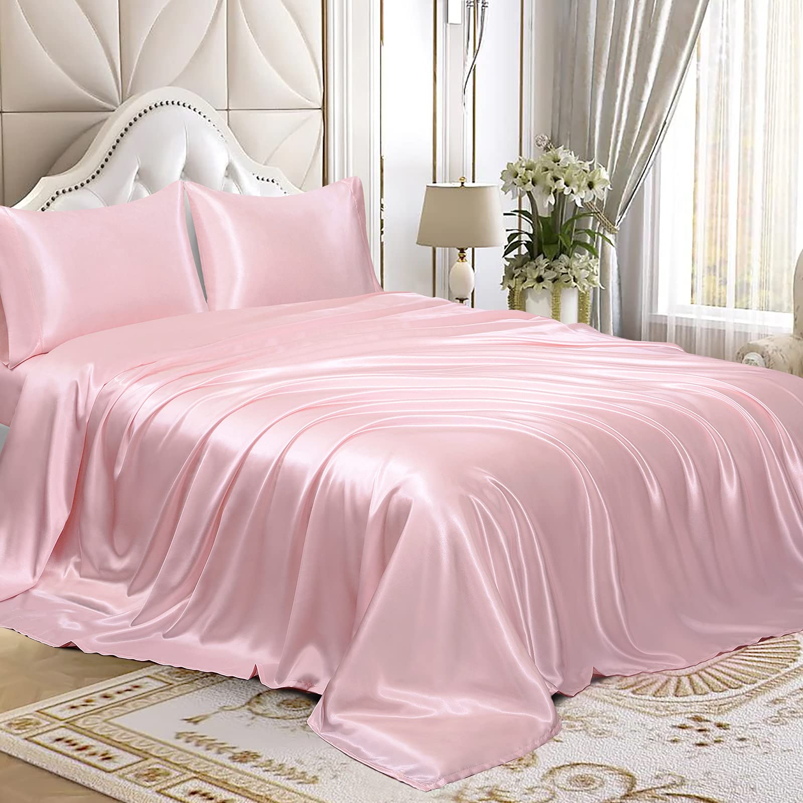 Luxury 6-Piece Satin Bedding Set - Silky Soft Satin Sheets with Deep Pockets (Twin Size, Blush Pink) - Includes 1 Fitted Sheet (19