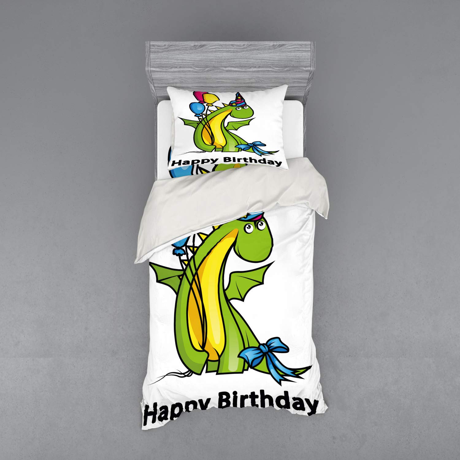 Ambesonne Dinosaur Themed Bedding Set - 3 Piece Twin XL Duvet Cover with Sham & Fitted Sheet, Fern Green & Yellow, Kids Birthday Party Decor, Dinosaur Nursery Bedroom Decor for Boys & Girls