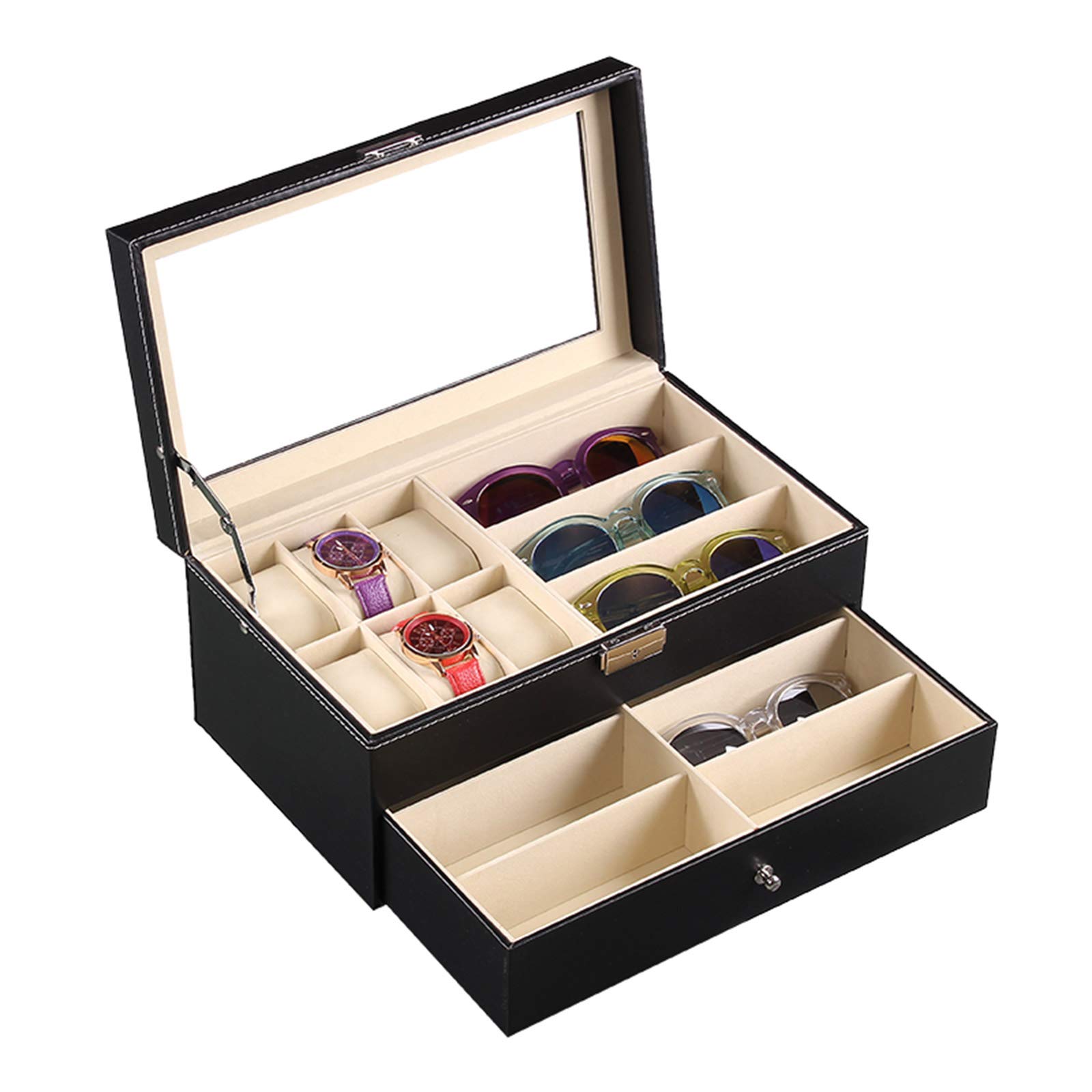 Premium Lockable Leather Glasses & Watch Storage Box with Glass Top - 2-Tier Display Organizer Holds 9 Eyewear Cases & 6 Watches | Perfect for Home, Office & Retail Store Organization