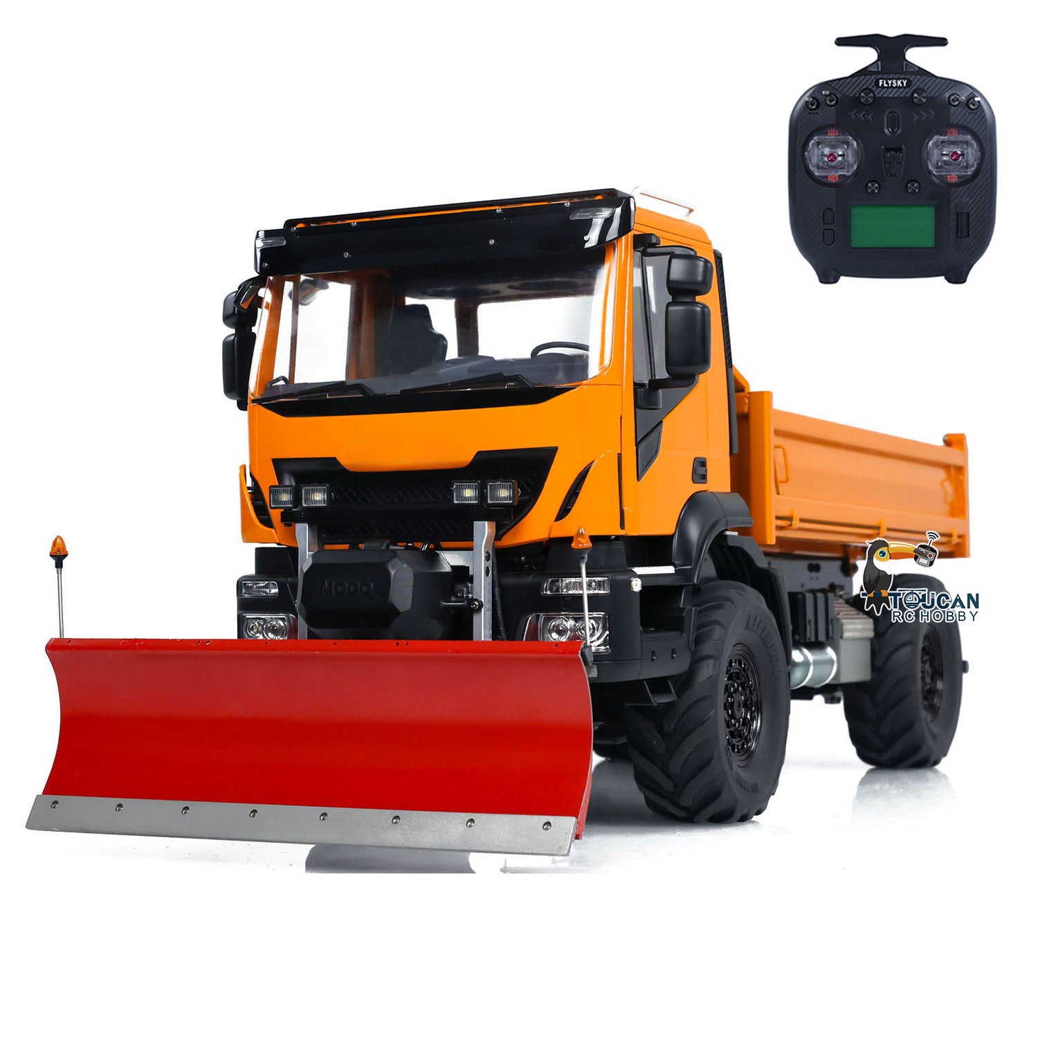 1/14 Scale 4x4 Metal RC Hydraulic Dump Truck with Remote Control - Snow Plow & Tipper Function, FlySky ST8 Controller, LED Lights & Sound Effects - Perfect for Construction Play, Winter Snow Removal & Off-Road Adventure