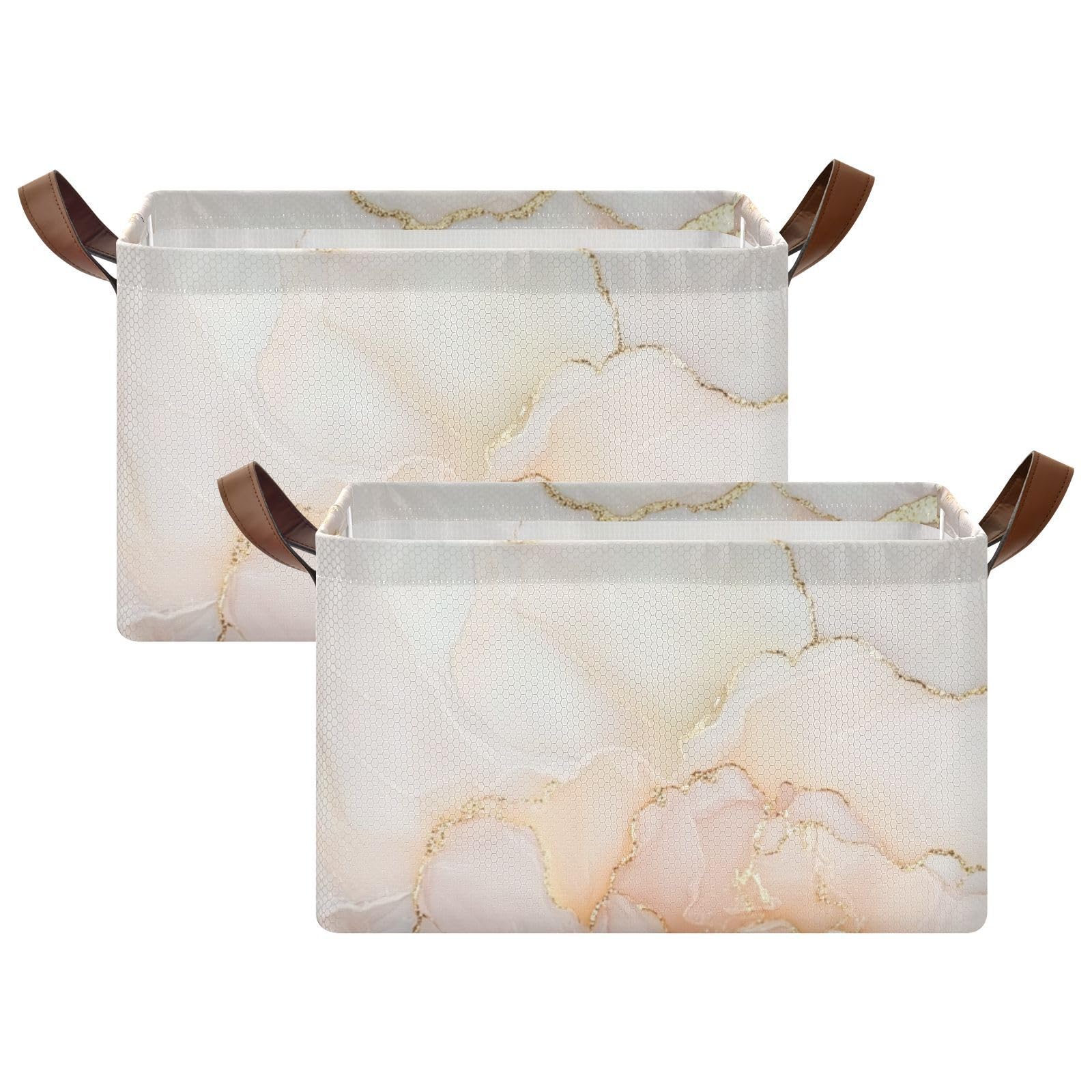 Marble White Blush Collapsible Fabric Storage Bins with Handles - 2 Pack Foldable Cube Baskets for Closet, Bedroom & Home Organization - Perfect for Clothes, Toys & Seasonal Storage