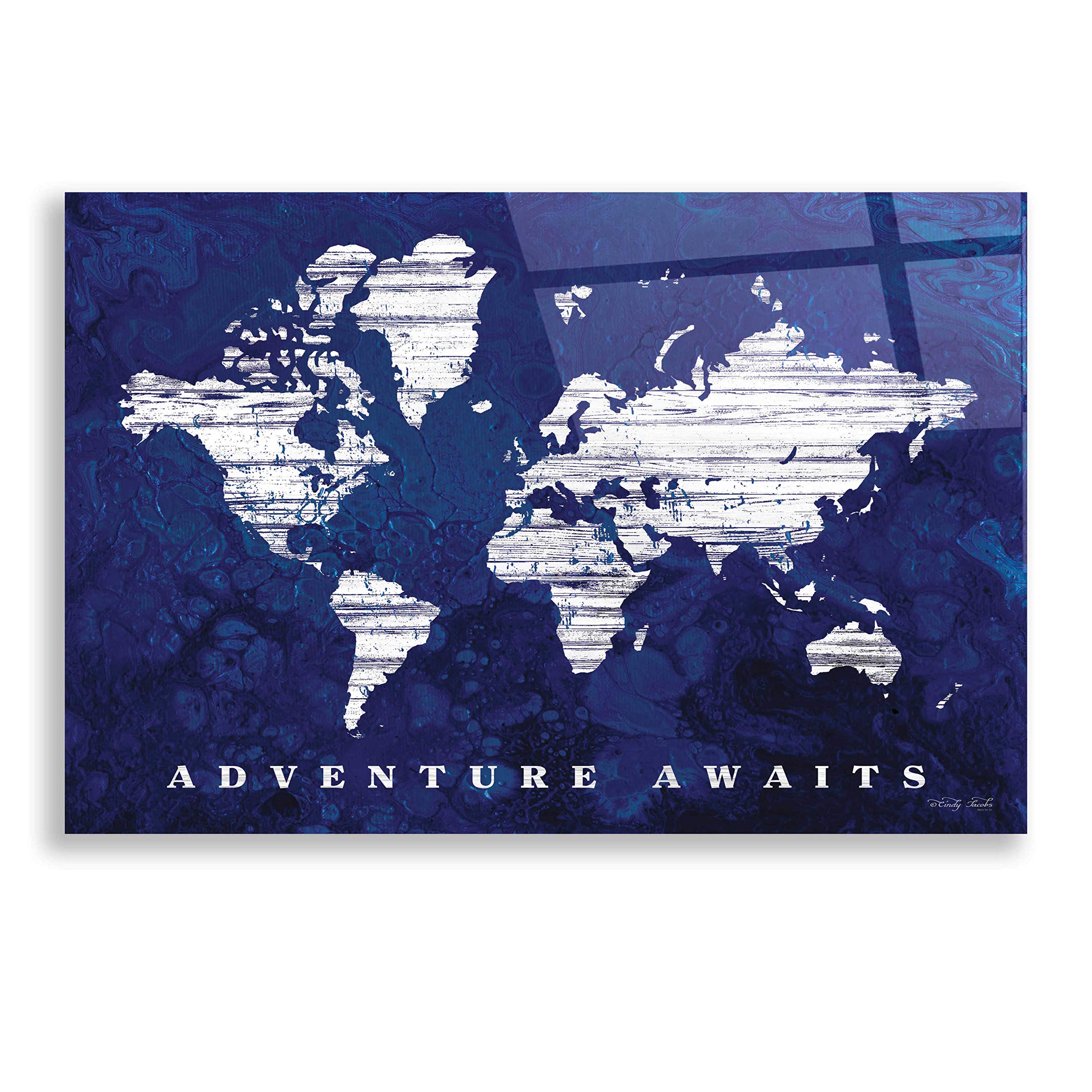 Adventure Awaits Map Wall Art - 24x16 Inch Acrylic Glass Canvas Painting by Cindy Jacobs - Perfect for Living Room, Bedroom & Office Decor