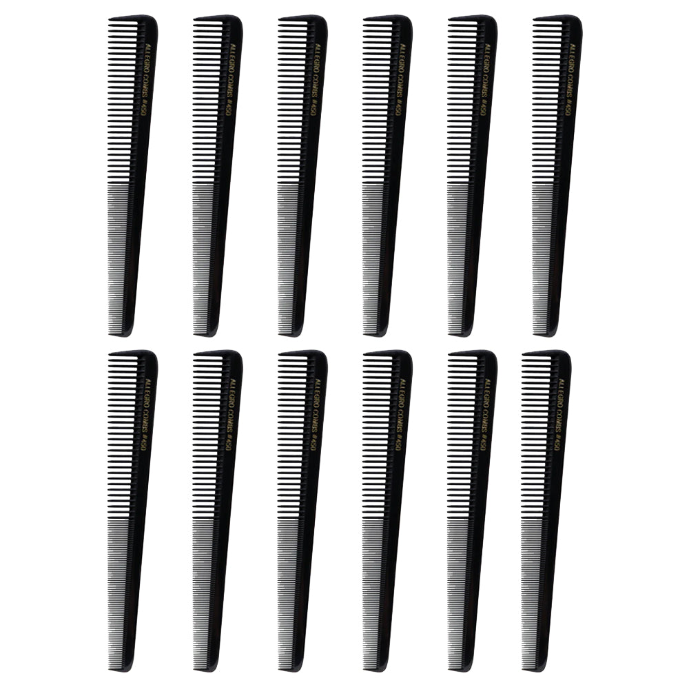 Allegro Combs 450 Professional Tapered Barber Hair Cutting Combs - 12 Pack Black Styling Combs for Fade, Undercut & Precision Haircuts | Salon & Home Use