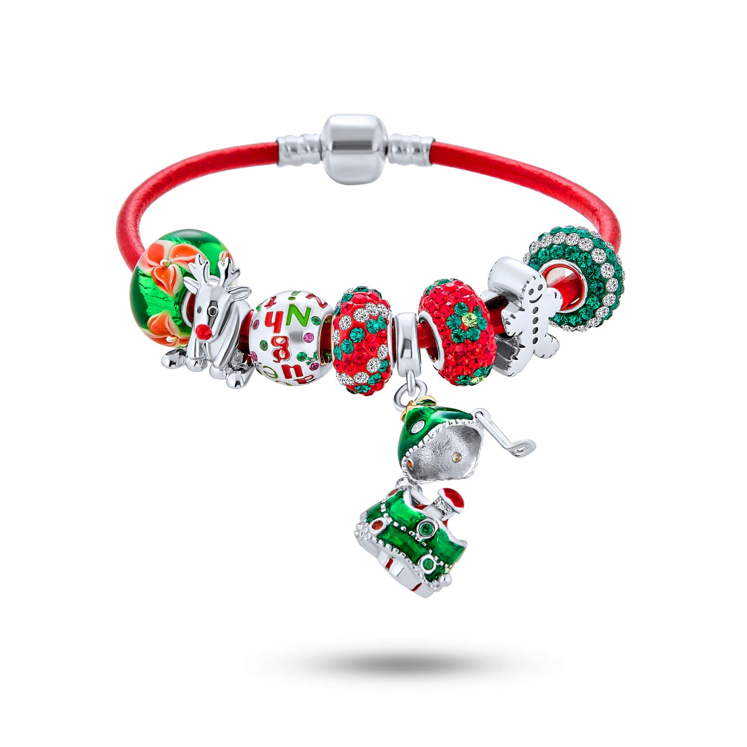 Naughty & Nice Holiday Charm Bracelet for Women & Teens - Secret Santa Locket, Reindeer & Gingerbread Charms, Genuine Red Leather, .925 Sterling Silver with European Barrel Clasp (6.5-8 Inch) - Perfect for Christmas Gifts, Holiday Parties & Festive Accessories