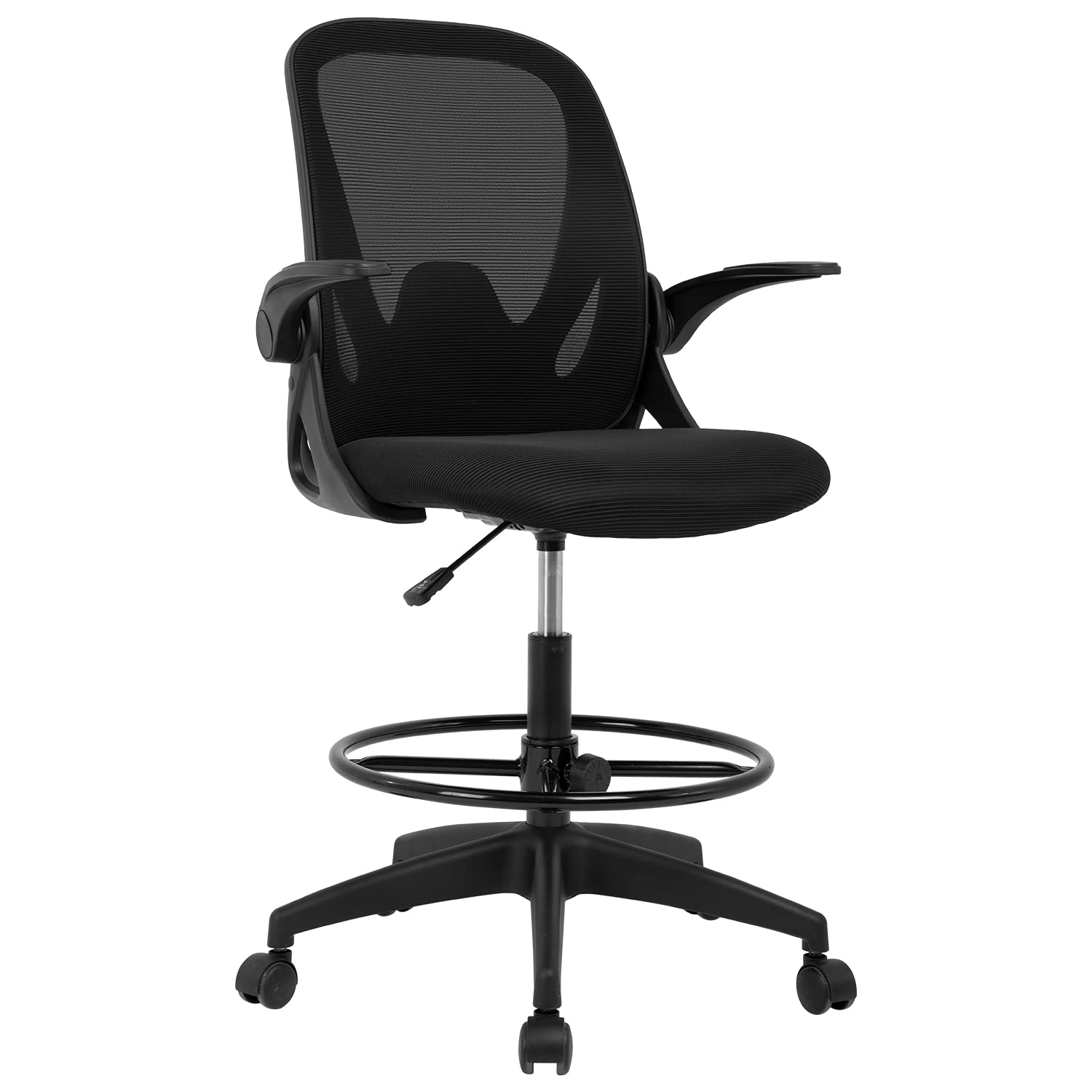 Ergonomic Drafting Chair with Adjustable Foot Ring & Mesh Back - Height Adjustable Standing Desk Chair for Office, Computer Work with Lumbar Support & Flip-Up Arms - Perfect for Architects, Designers & Long Work Sessions