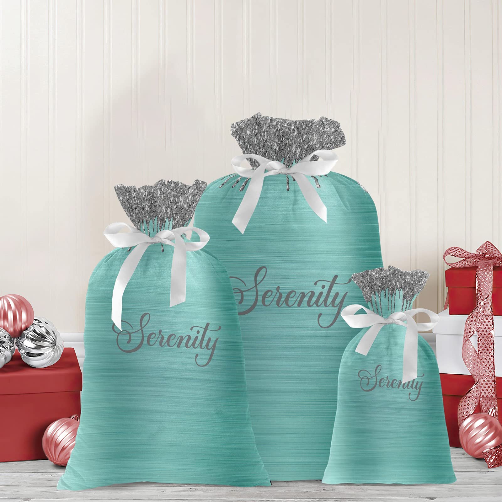 Glitter Green Drawstring Christmas Gift Bags - 3 Pack | Personalized Holiday Present Storage Sacks for Xmas Presents, Party Favors & Stocking Stuffers